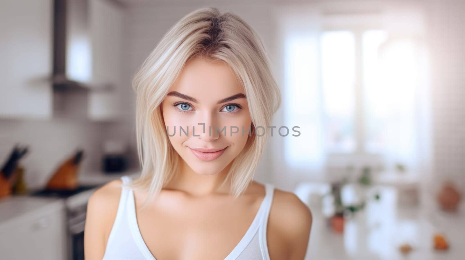 Portrait of beautiful blonde young woman with shaggy hairstyle smiling cheerfully, showing her white teeth to camera while feeling happy blurred kitchen background by JuliaDorian