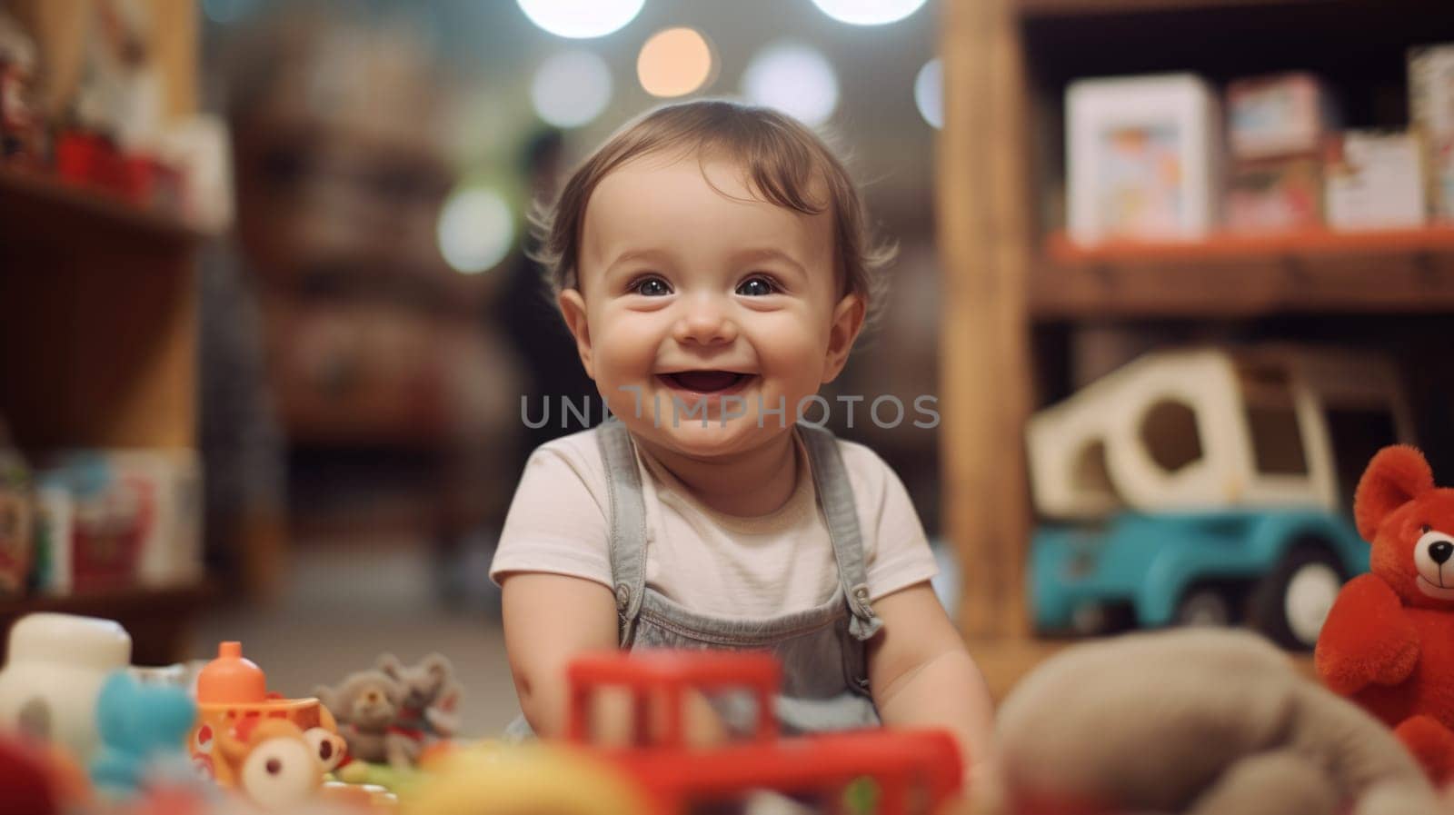 baby toddler playing colorful toys at home or nursery. Newborn baby smiling at camera at play center. by JuliaDorian
