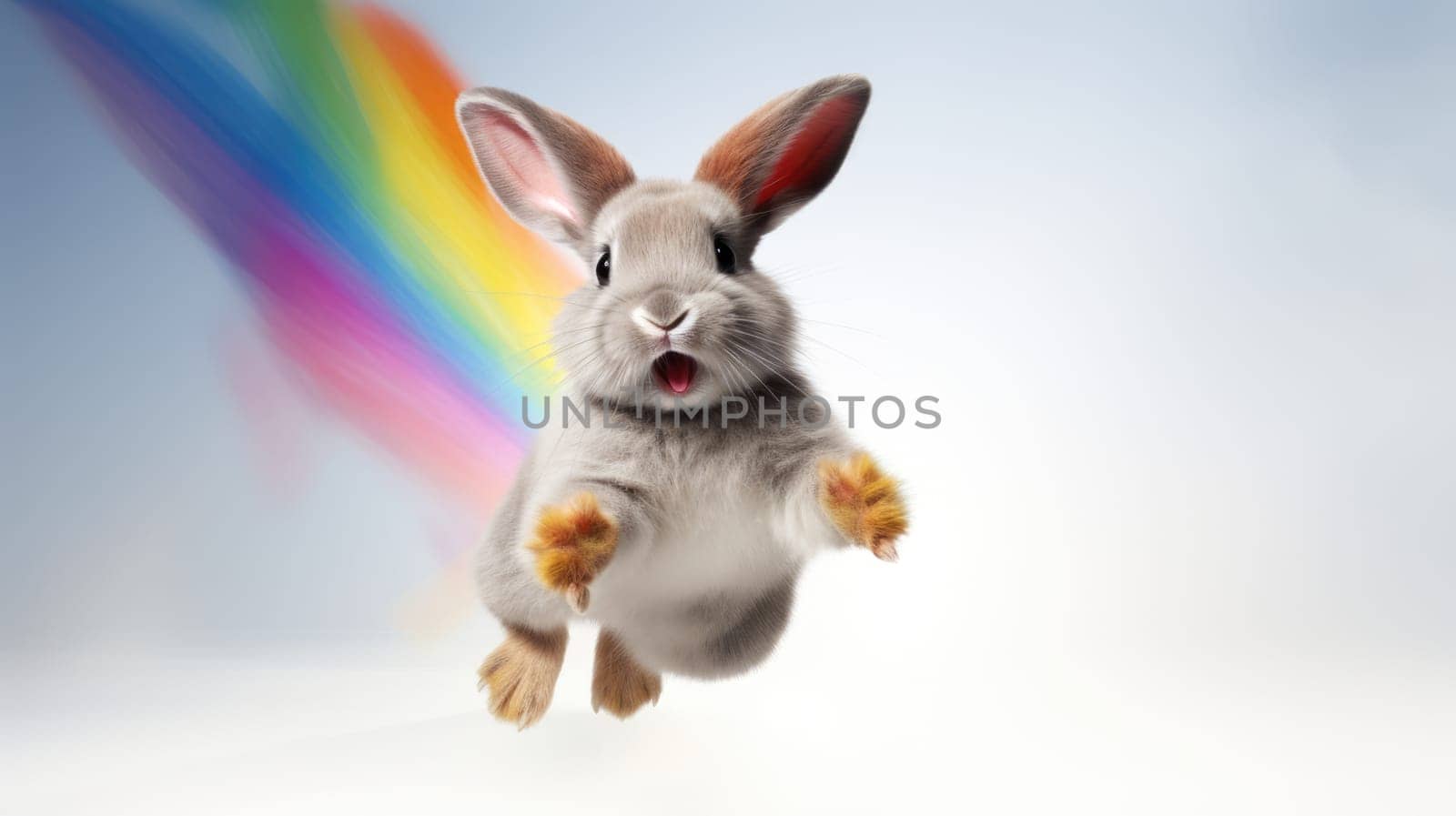 A fluffy white bunny joyfully leaps on white clouds under the bright sun, capturing natures beauty and the bunnys innocence, bringing joy and wonder.