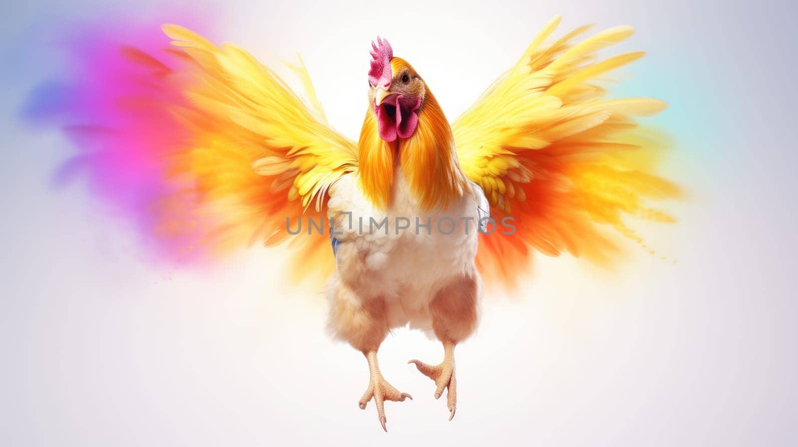 Vibrant chicken flying with colorful rainbow feathers in the sky on bright background by JuliaDorian