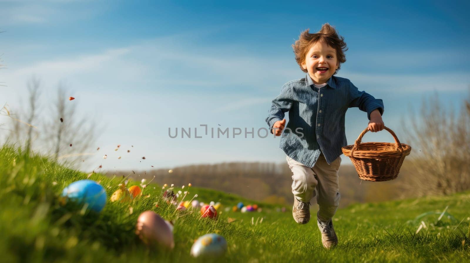 Boy Running with Easter Basket on Green Grass Field with Colorful Eggs.