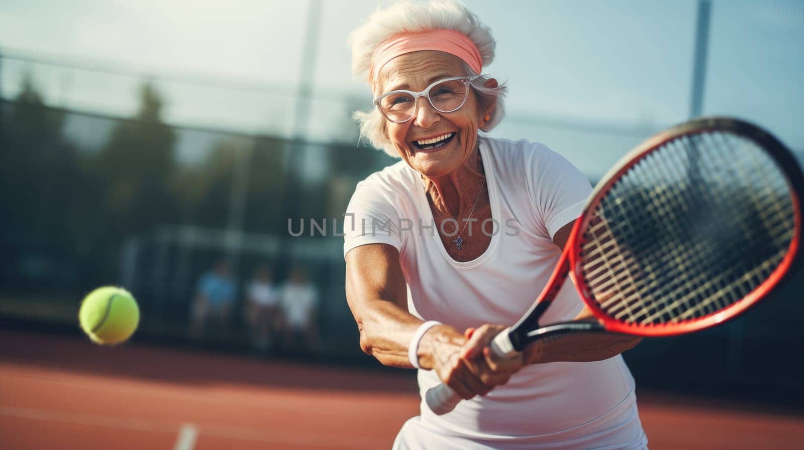 Happy and energetic elderly lady with tennis racket smiling while playing tennis on a bright and sunny day in a beautiful outdoor setting, enjoying the sport and staying healthy and active.