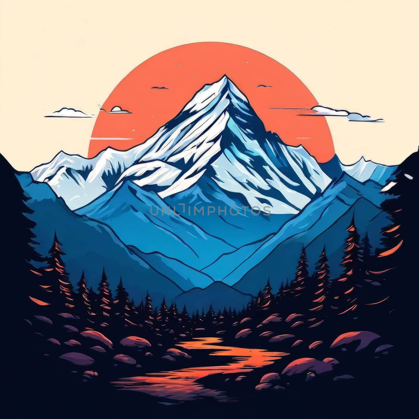 Breathtaking painting capturing serene beauty of majestic mountain bathed in warm hues of sunset. For decorative element in interior design for spaces like homes, offices, hotels, travel brochures. by Angelsmoon