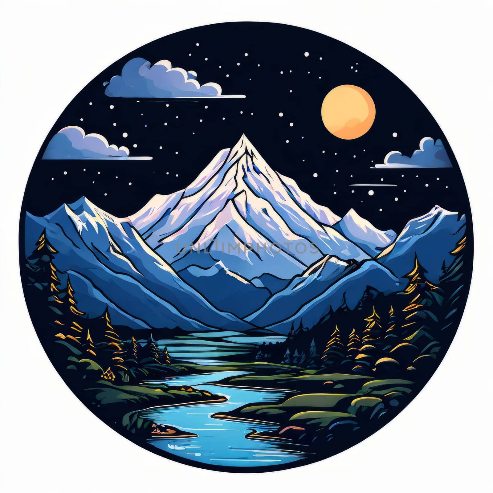 Serene illustration of mountains, river enclosed within circular frame, depicting natural beauty, tranquility. Printed on merchandise like tshirts, mugs, notebooks for nature lovers, travel brochures