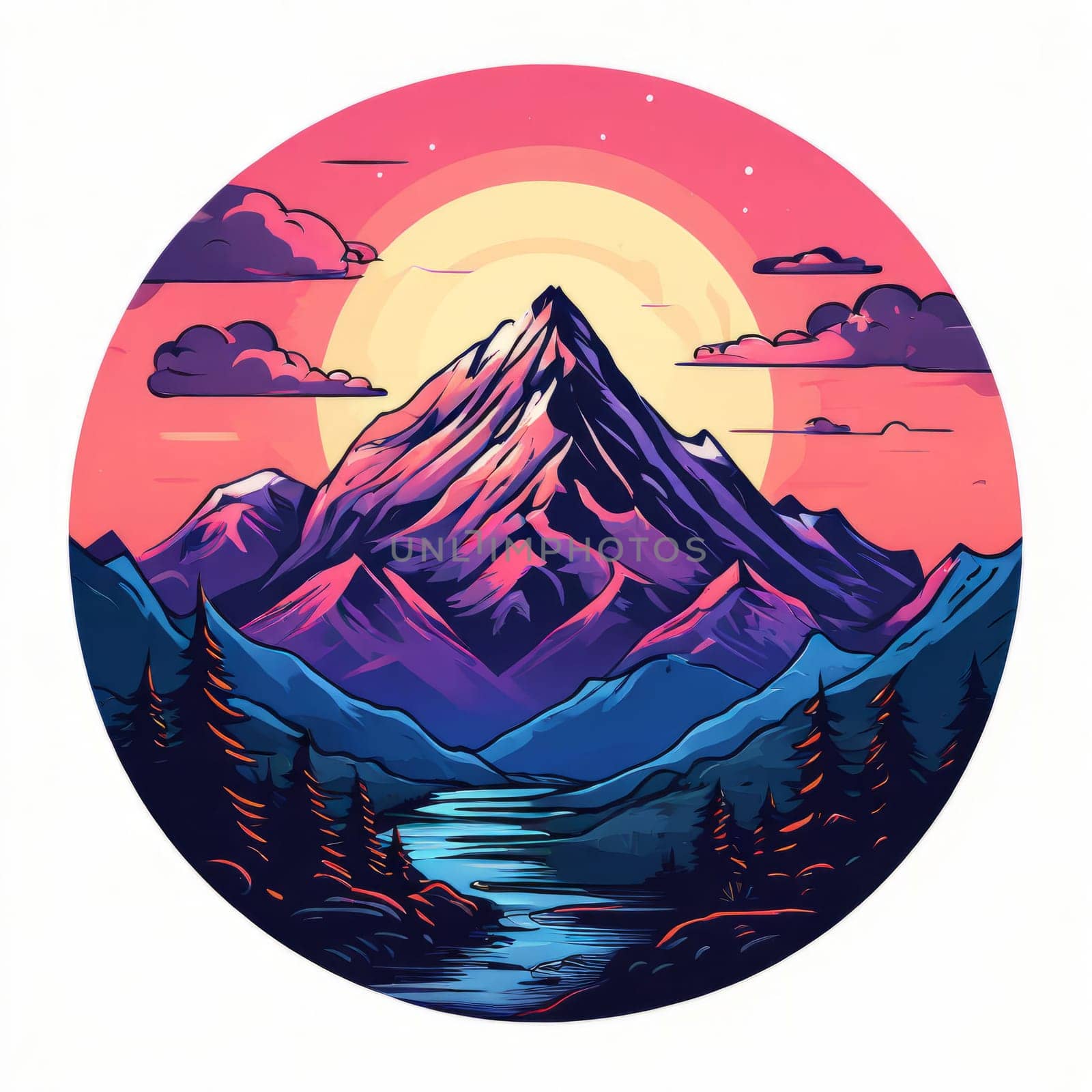 Serene illustration of mountains, river enclosed within circular frame, depicting natural beauty, tranquility. Printed on merchandise like tshirts, mugs, notebooks for nature lovers, travel brochures