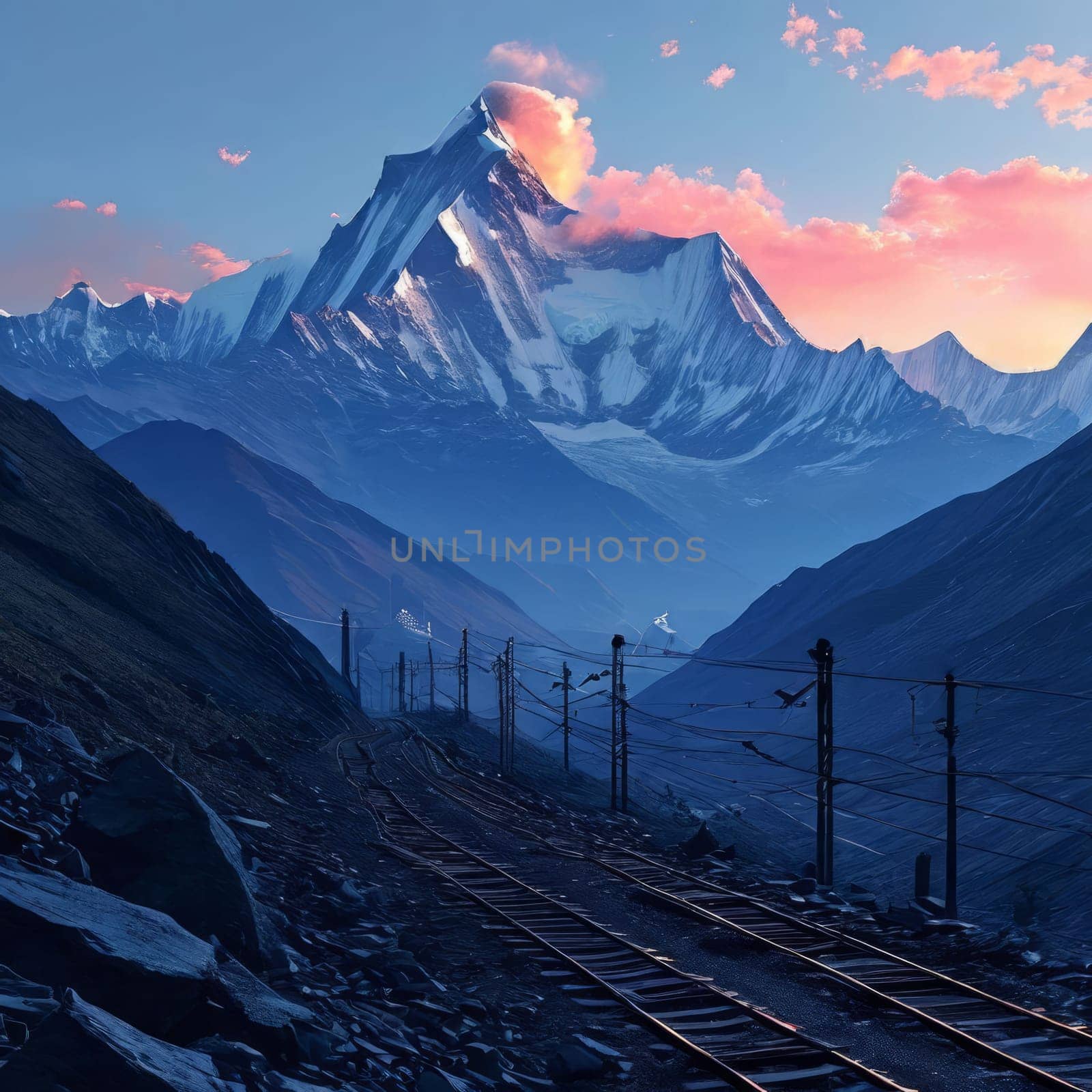 Scenic mountain road winding through majestic peaks in background. Various contexts such as art galleries, nature themed publications, educational materials on geography, inspirational posters