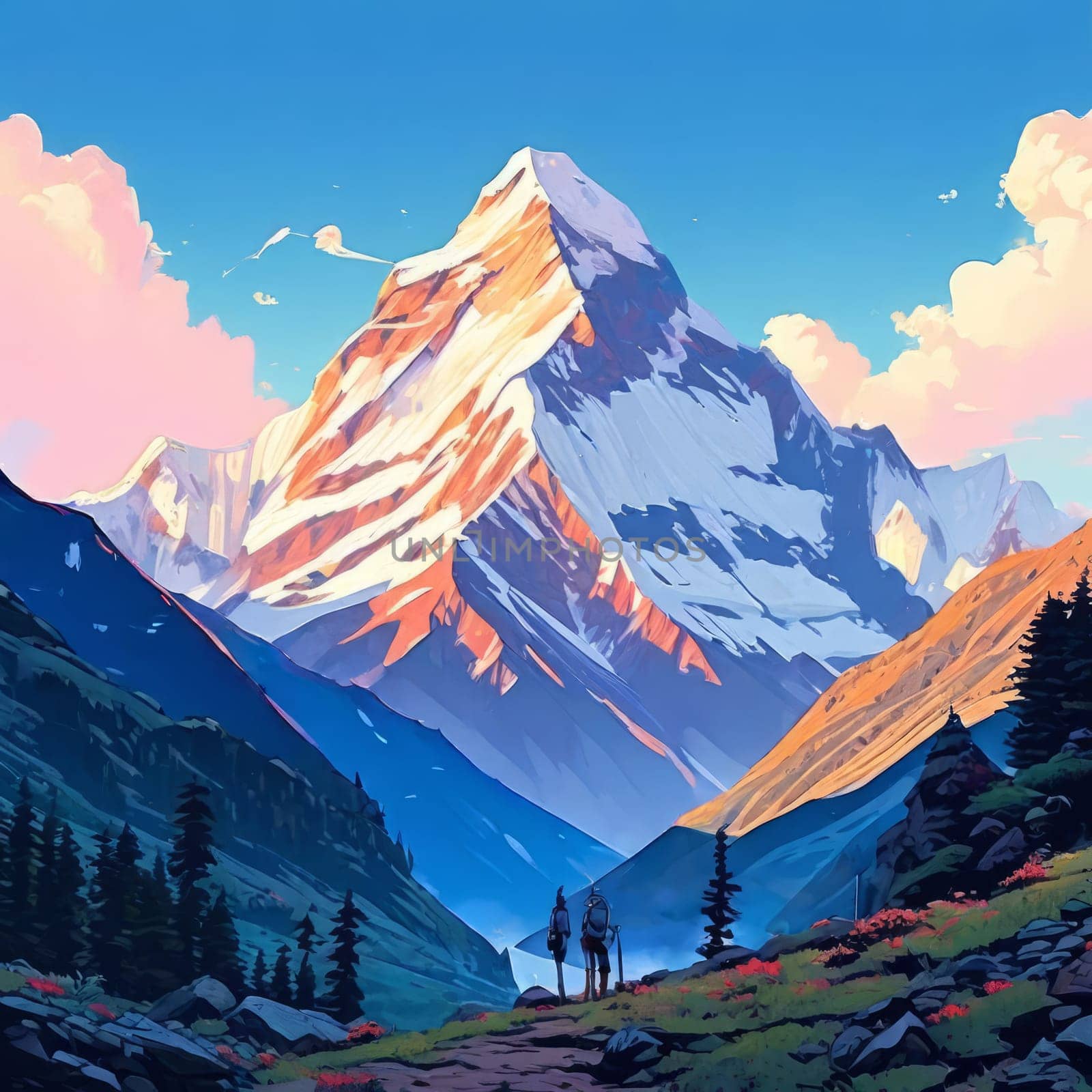 Serene painting capturing majesty of mountains, trees silhouetted against vibrant sunset. For meditation, mindfulness materials. Interior decor in spaces aiming for peaceful ambiance, natural beauty