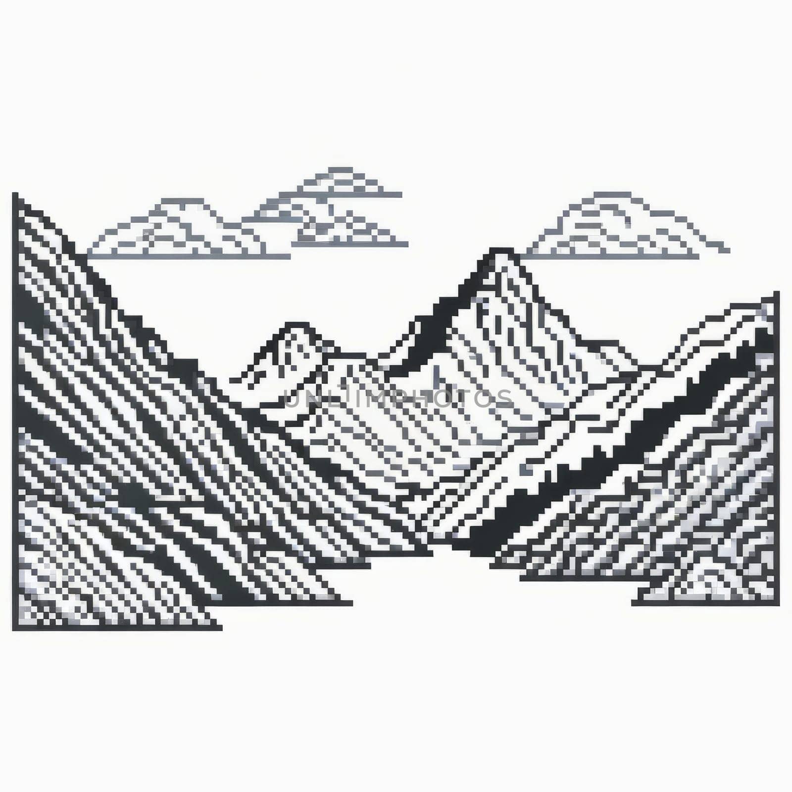Serene black, white painting capturing majestic mountains, lush trees in harmonious contrast. Printed on merchandise like tshirts, mugs, notebooks for nature lovers, travel brochures promoting. by Angelsmoon