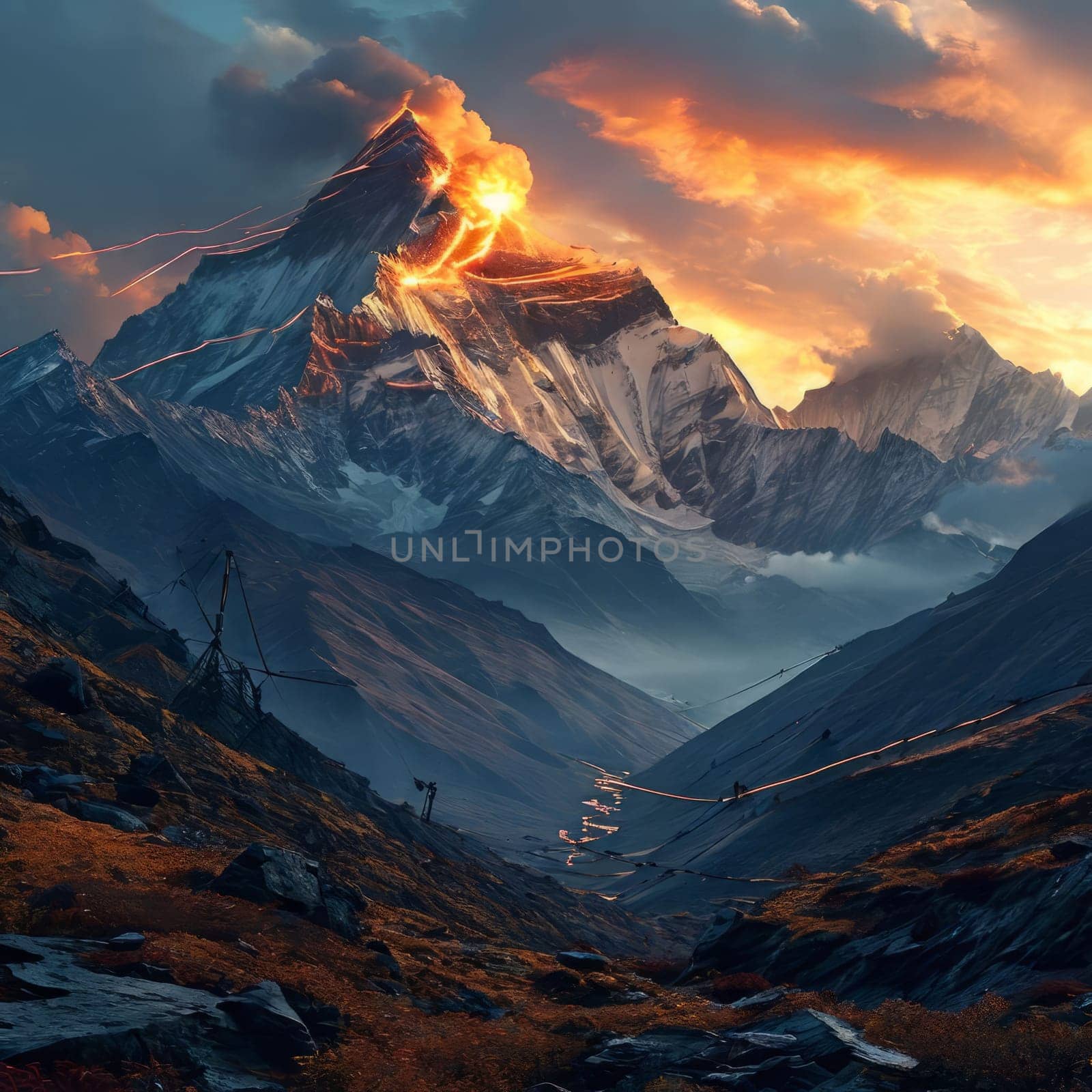 Breathtaking painting capturing serene beauty of majestic mountain bathed in warm hues of sunset. For decorative element in interior design for spaces like homes, offices, hotels, travel brochures