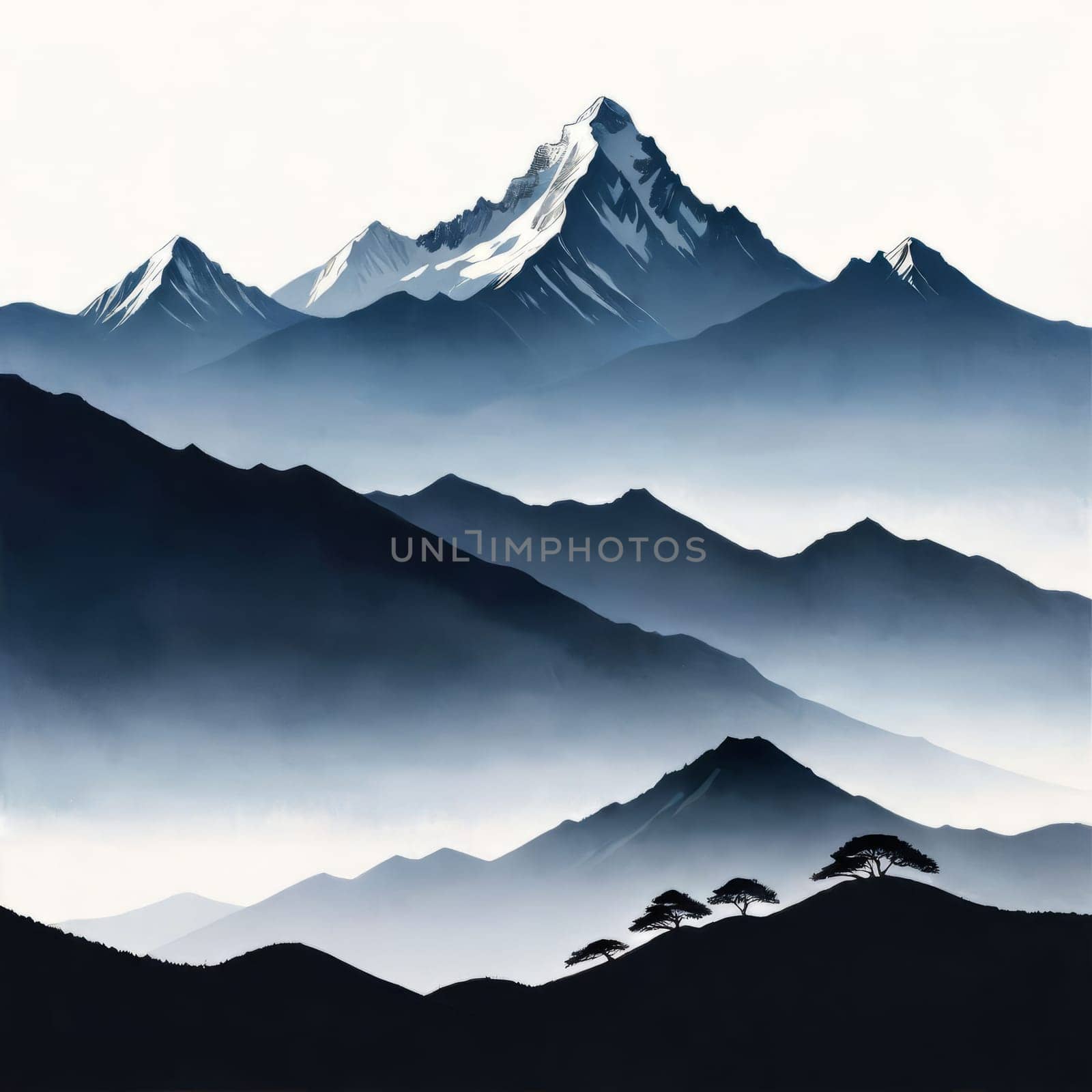 Serene black, white painting capturing majestic mountains, lush trees in harmonious contrast. Logo design for outdoor adventure travel agency, nature themed website, social media banner.Print tshirts. by Angelsmoon