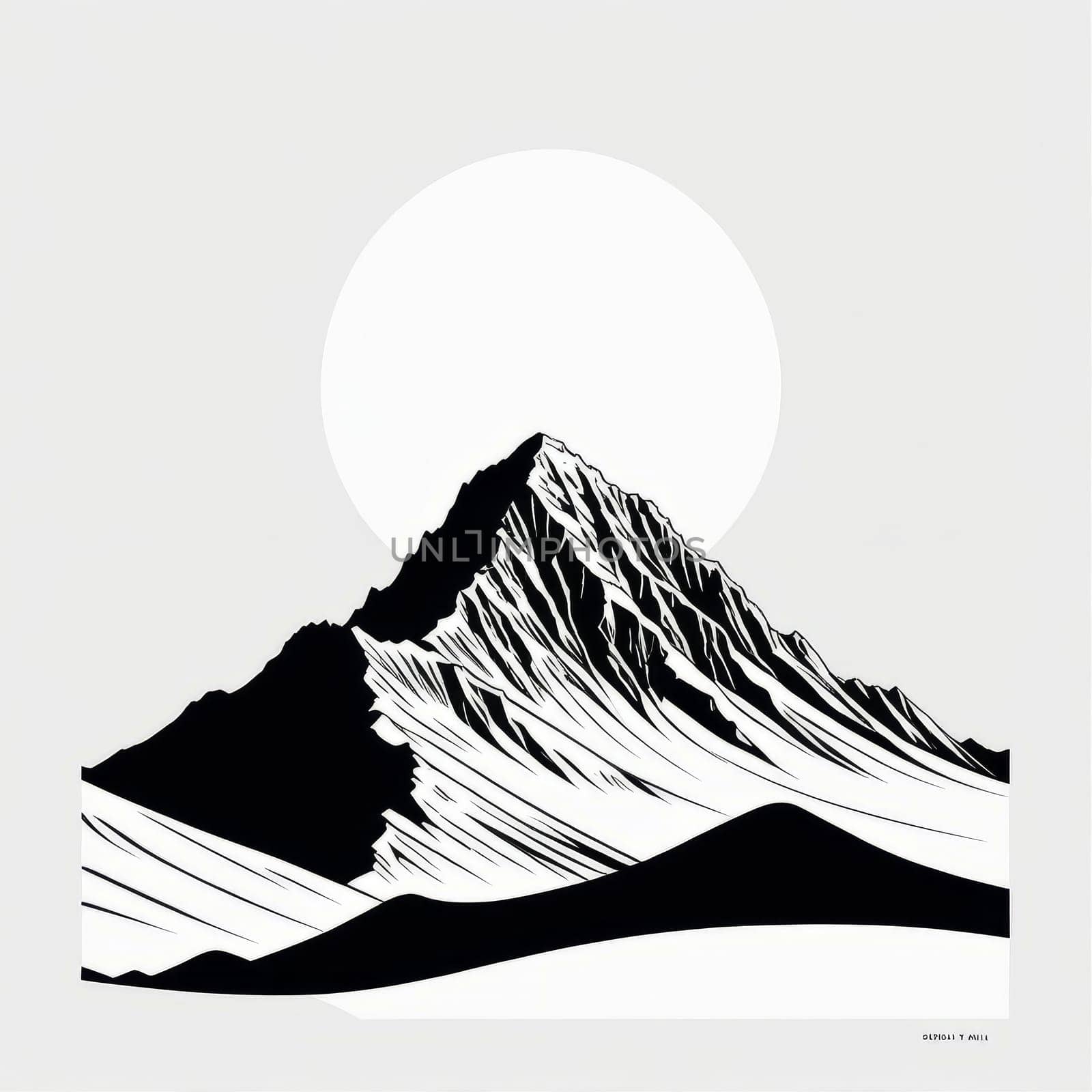 Stunning black, white drawing of majestic mountain range. Various contexts such as travel brochures, website banners for adventure tourism, in articles about road trips through mountainous regions. by Angelsmoon