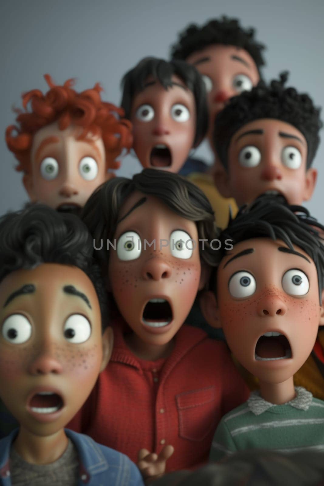 A crowd of children with frightened expressions on their faces. 3d illustration by Lobachad