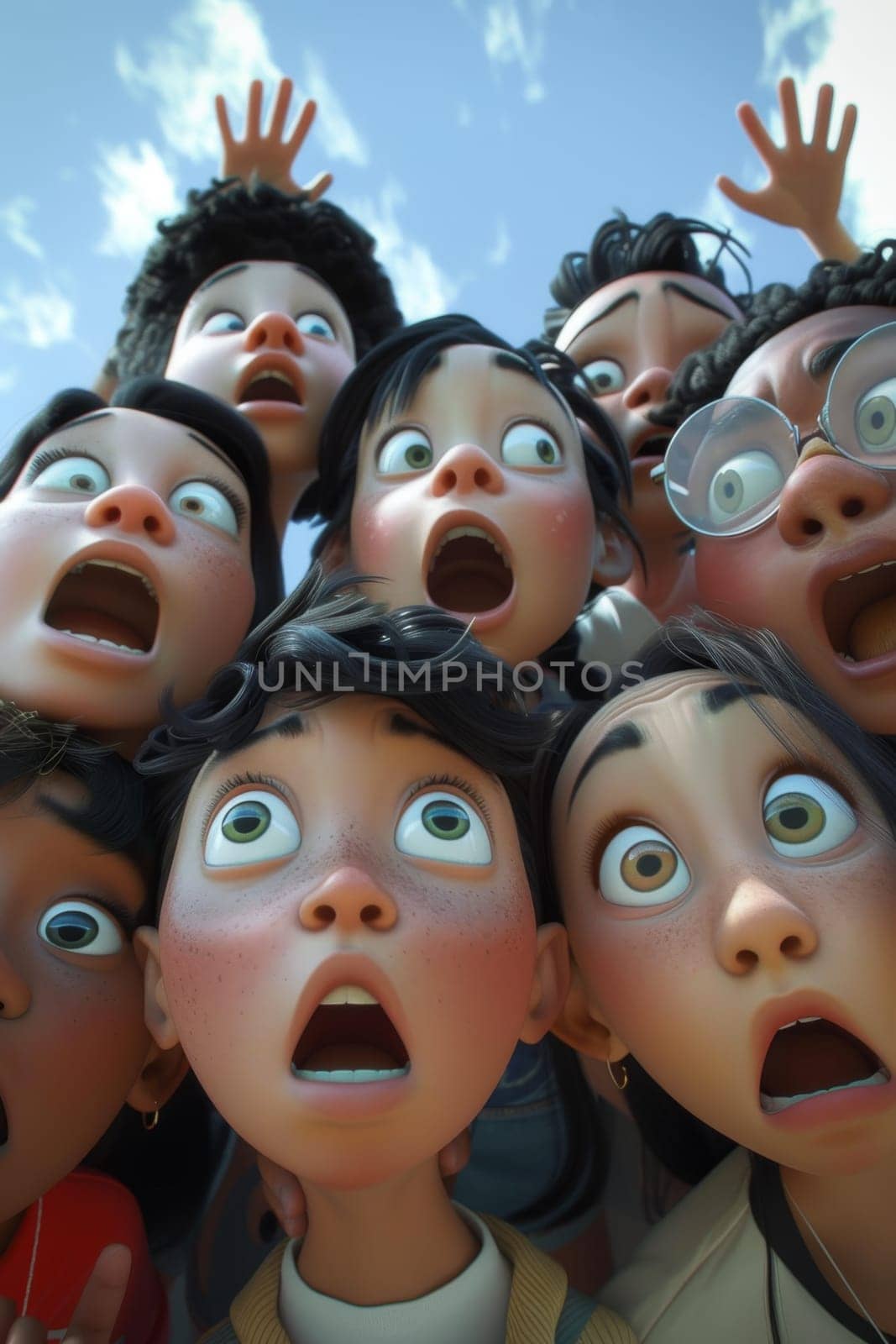 A crowd of children with frightened expressions on their faces. 3d illustration by Lobachad