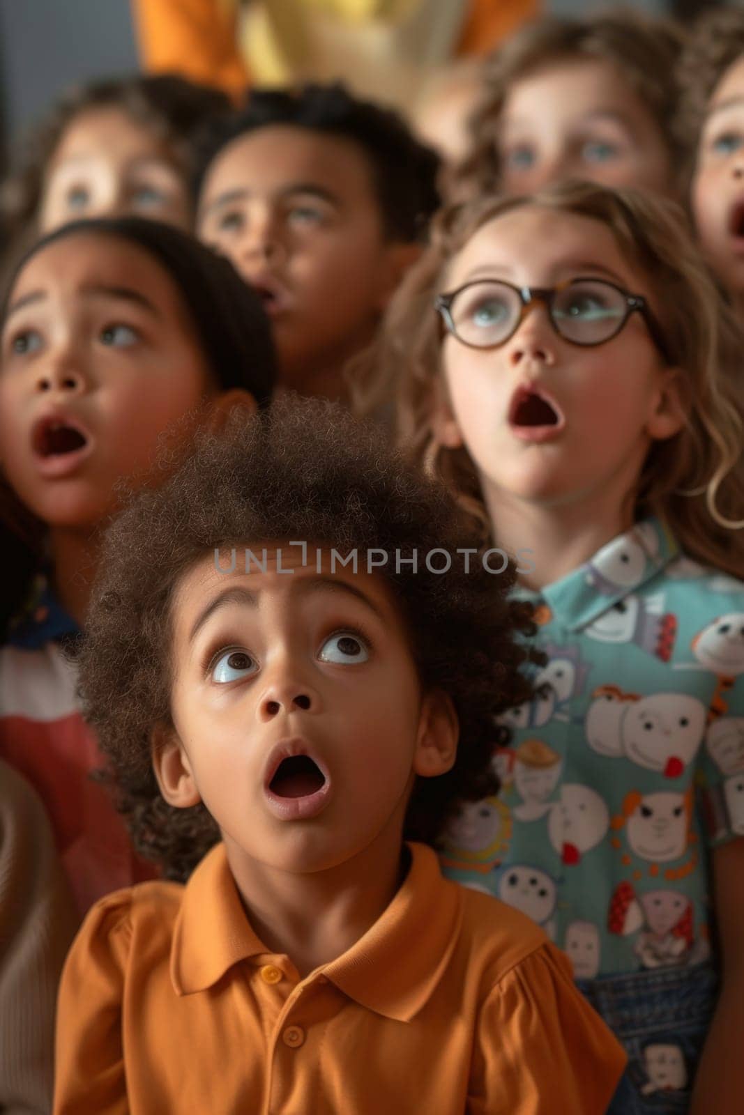 A crowd of children with frightened expressions on their faces.