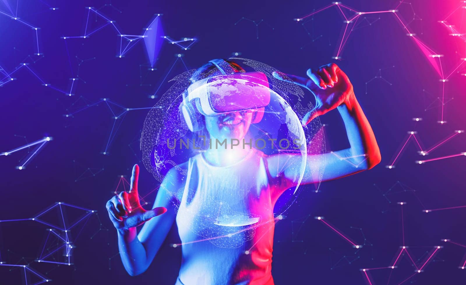 Female stand in cyberpunk neon light wear white VR headset and tank top connect metaverse, future cyberspace community technology, She use both hand finger focus globe picture hologram. Hallucination.