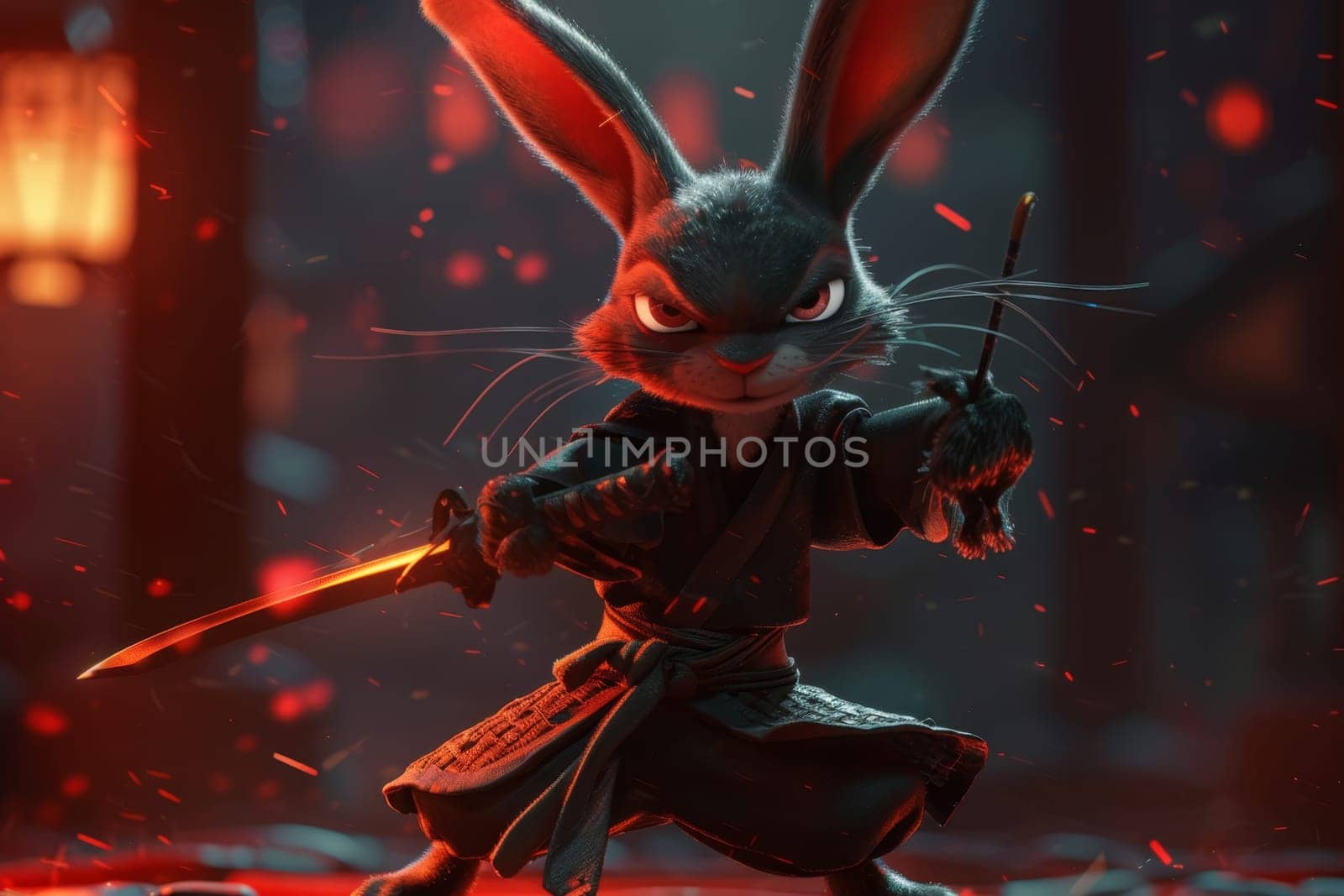 The samurai hare is in the city in the evening. 3d illustration by Lobachad