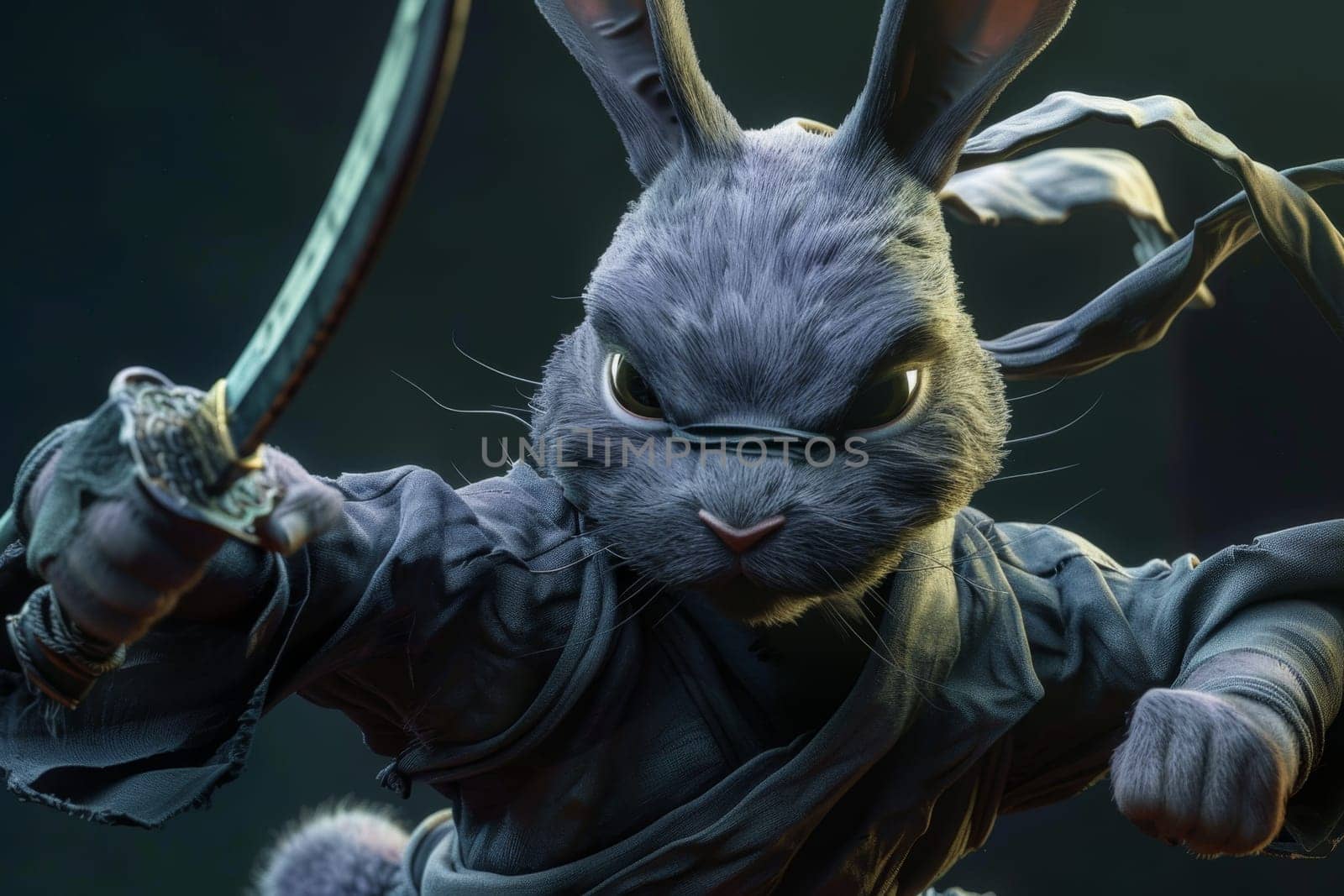 The samurai hare is in the city in the evening. 3d illustration.