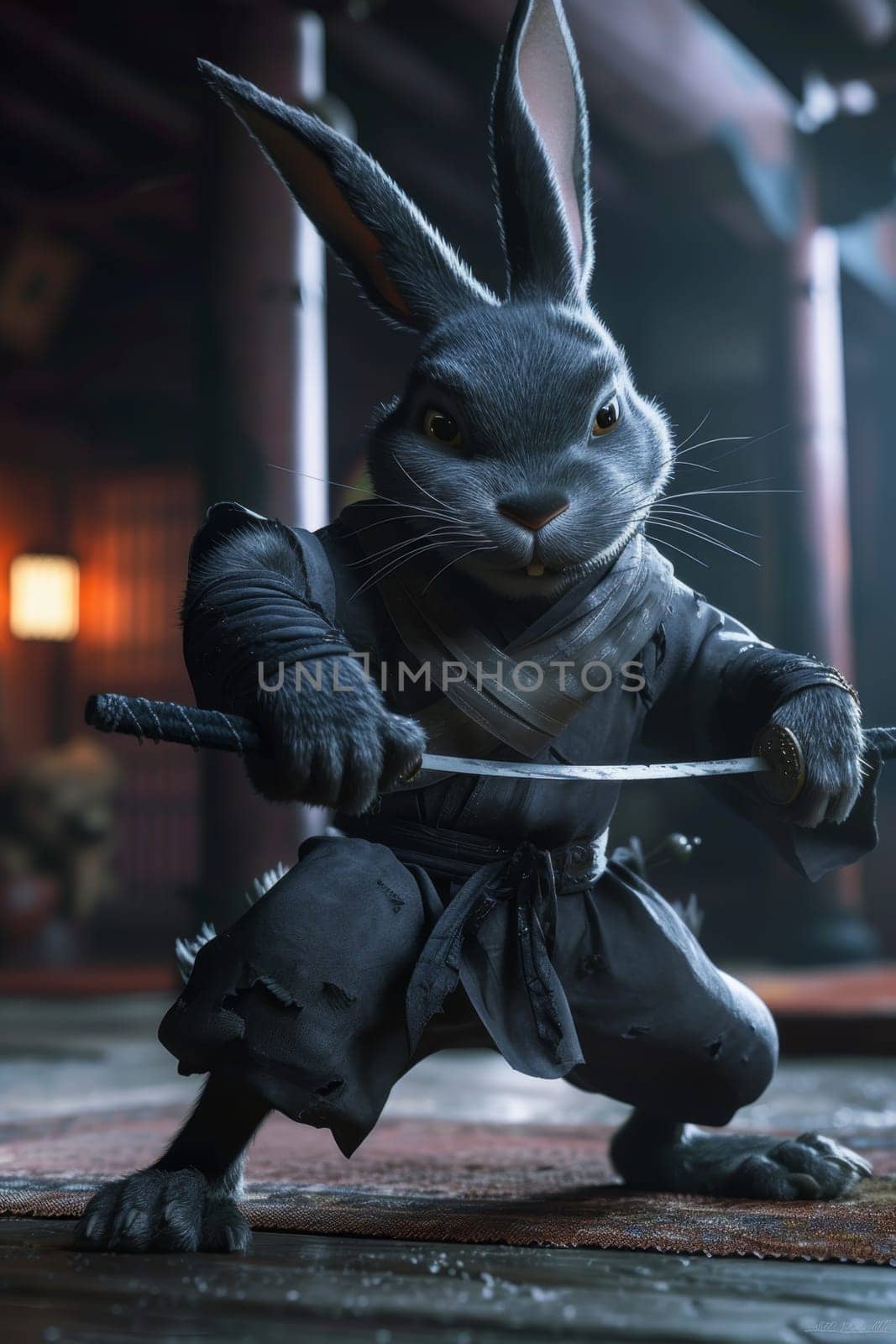 The samurai hare is in the city in the evening. 3d illustration by Lobachad
