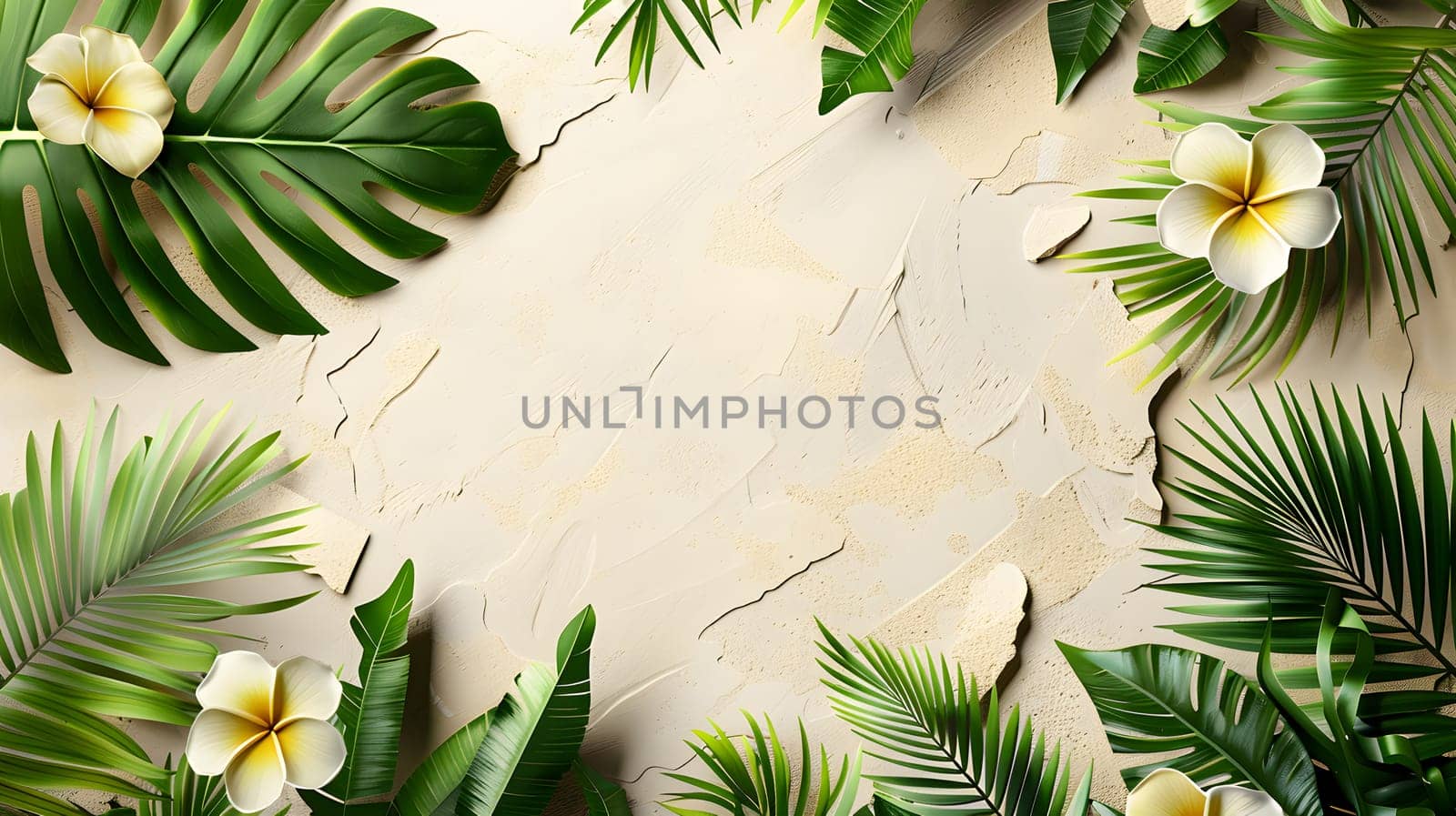 Vibrant tropical flowers and lush green leaves contrast beautifully against a white background, showcasing the beauty of terrestrial plant life