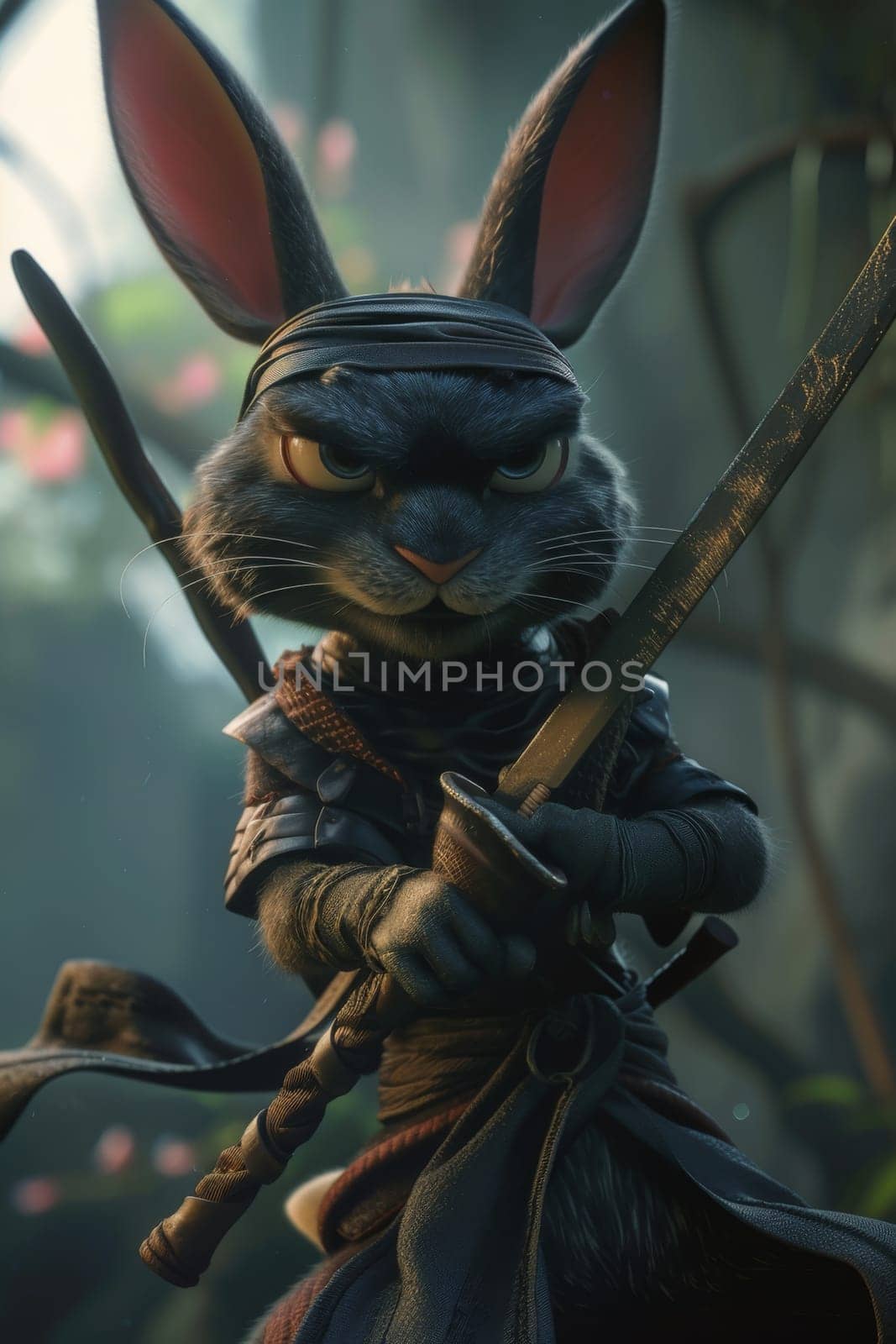 The samurai hare is in the city in the evening. 3d illustration.