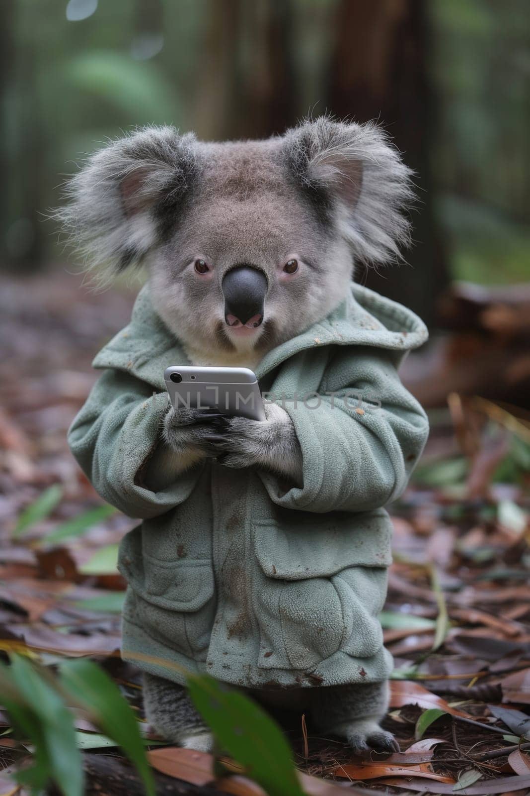 Portrait of a koala in clothes, holding a smartphone and sending a message in nature by Lobachad