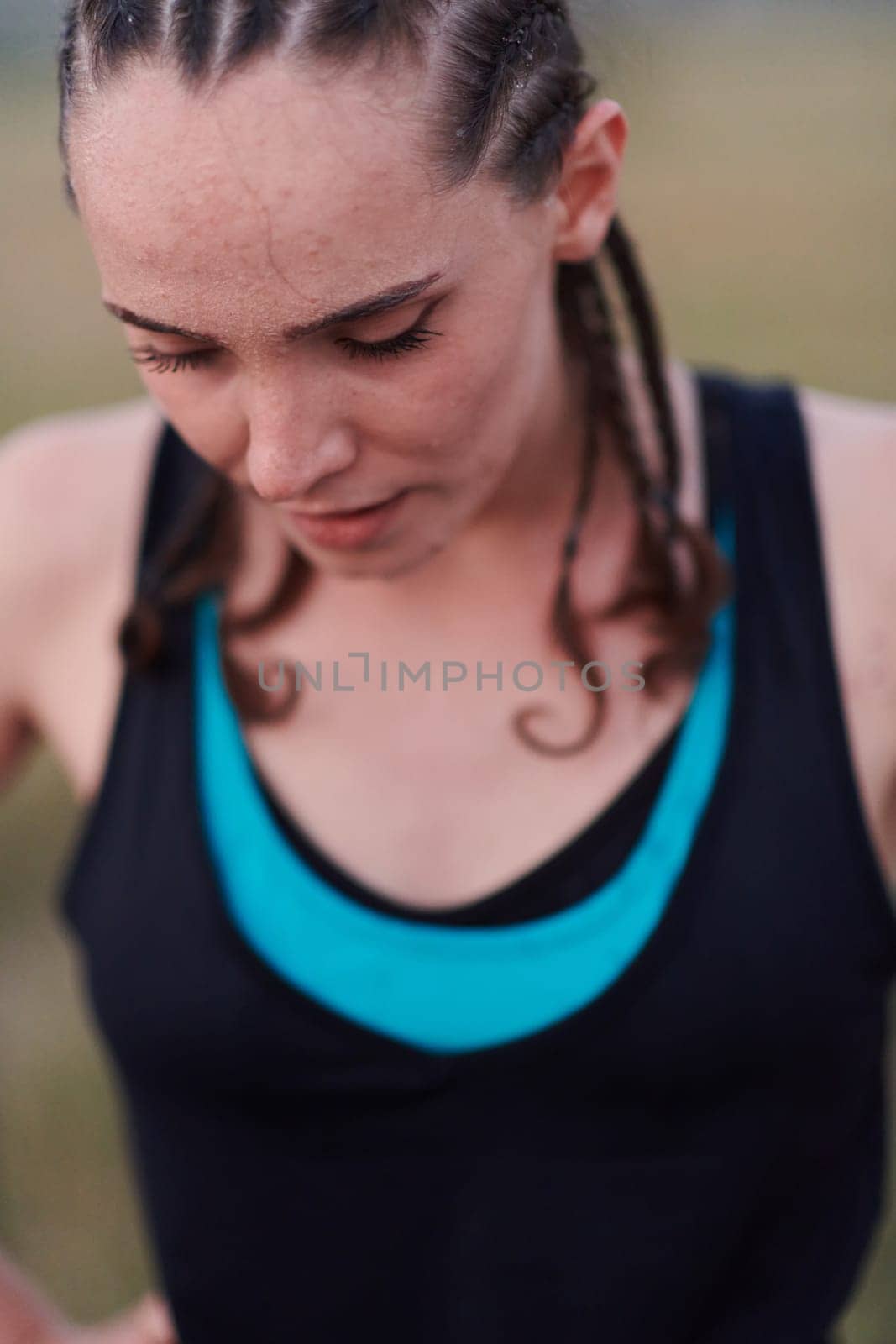 A close-up captures the raw dedication of a female athlete as she rests, sweat glistening, after a rigorous running session, embodying the true spirit of perseverance and commitment to her fitness journey