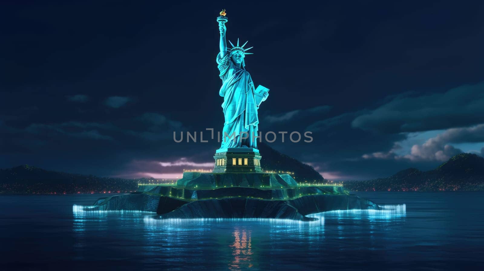 A detailed image of the Statue of Liberty standing tall on a pedestal in the ocean, illuminated with a blue glow. Perfect for projects needing a majestic and inspiring image.