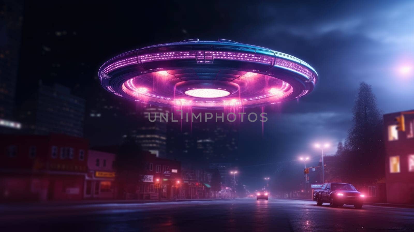 Retro-futuristic flying saucer hovering over a vibrant 1980s city skyline illuminated with neon lights. Ideal for book covers, movie posters, and futuristic-themed projects.