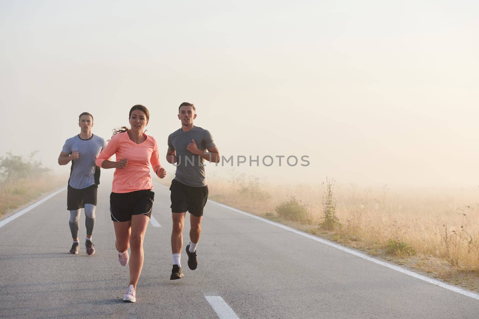 A group of friends, athletes, and joggers embrace the early morning hours as they run through the misty dawn, energized by the rising sun and surrounded by the tranquil beauty of nature.