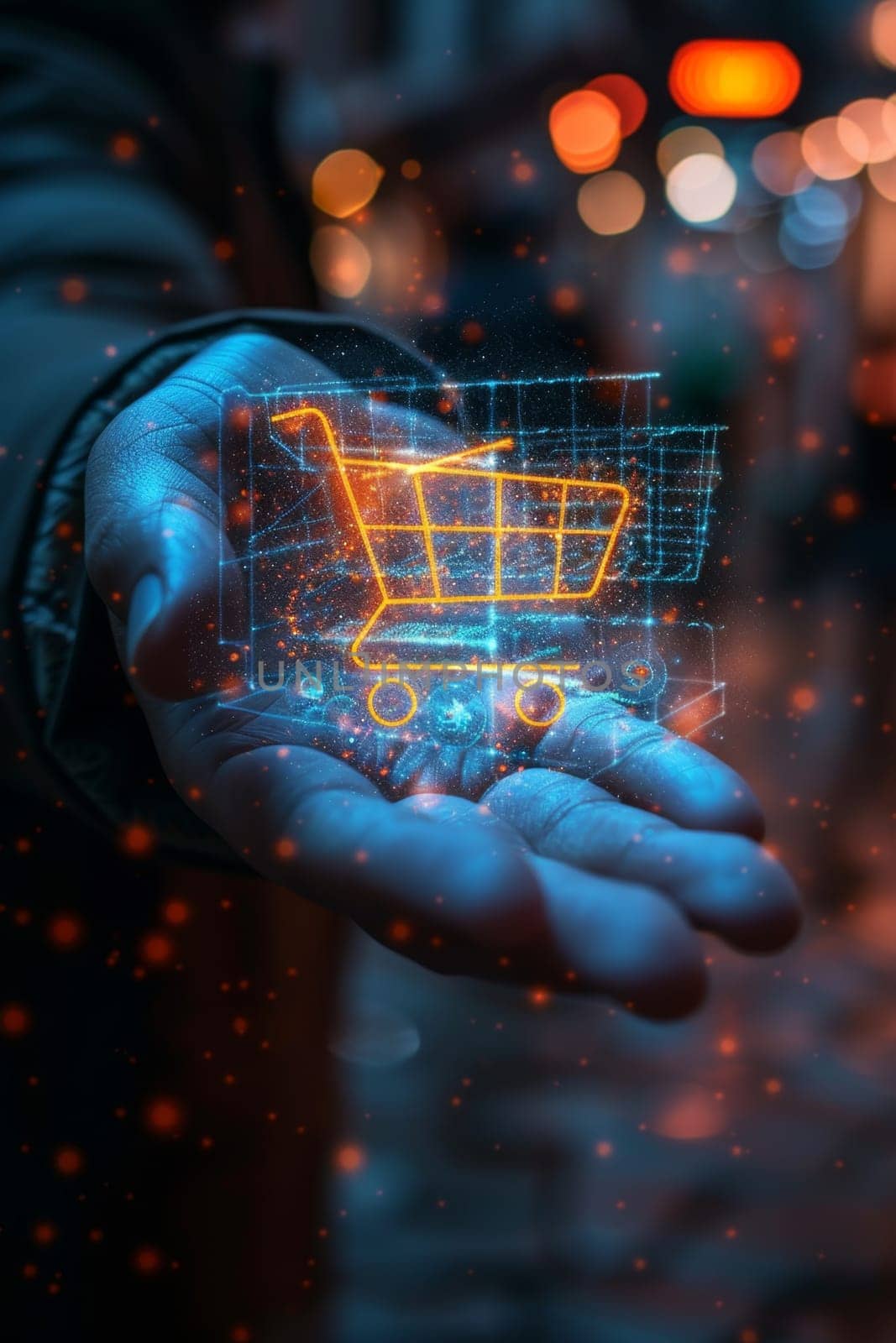 A man's hand holding a hologram of a shopping cart, the concept of Internet technology, mobile online shopping.