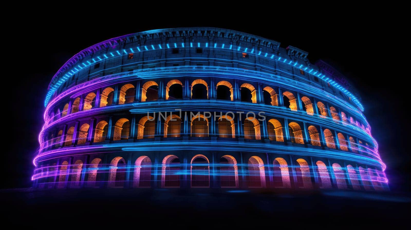 The iconic Coliseum in Rome illuminated at night, showcasing mesmerizing blue and purple lights against a dramatic black backdrop, creating a captivating and enchanting scene.