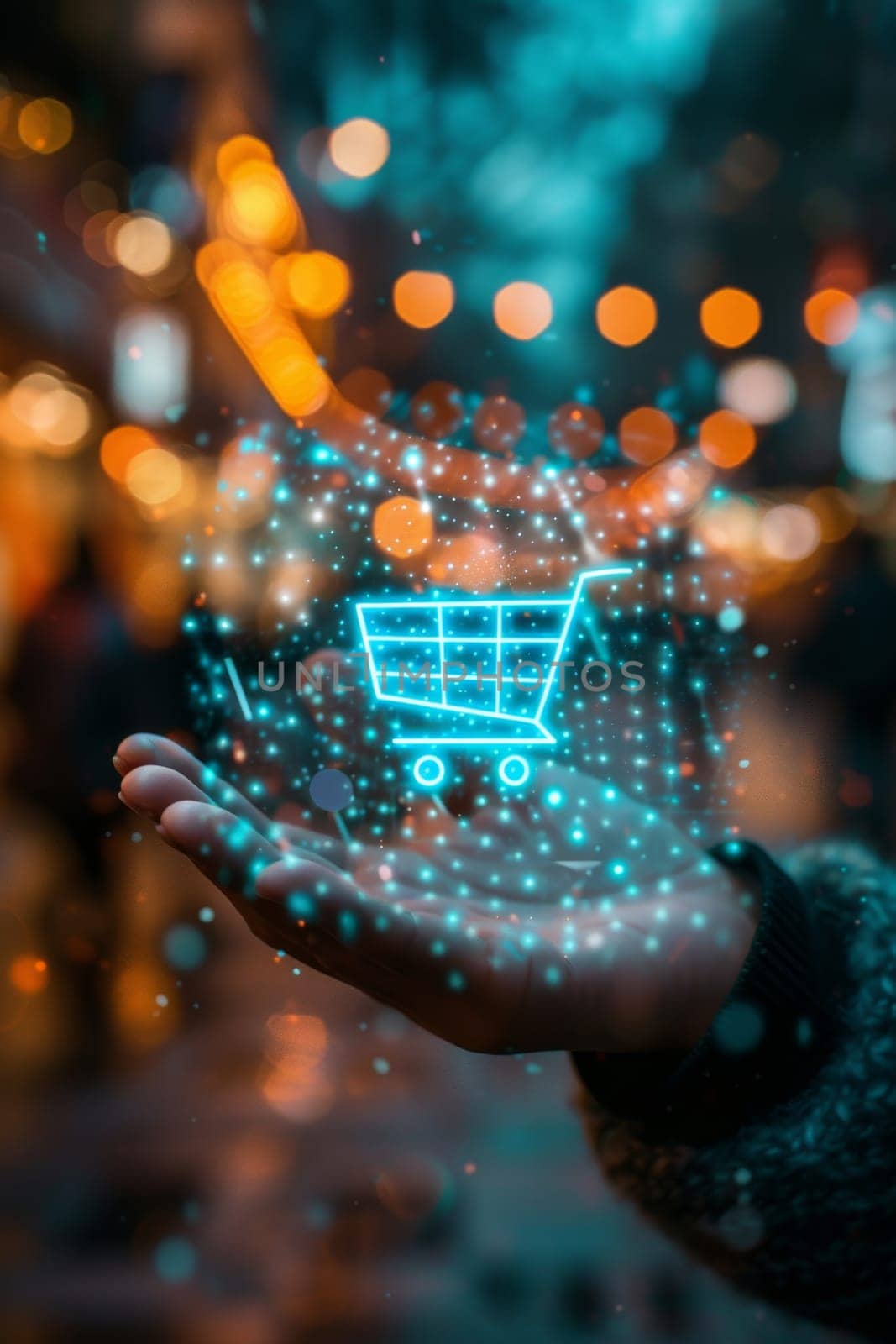 A man's hand holding a hologram of a shopping cart, the concept of Internet technology, mobile online shopping by Lobachad