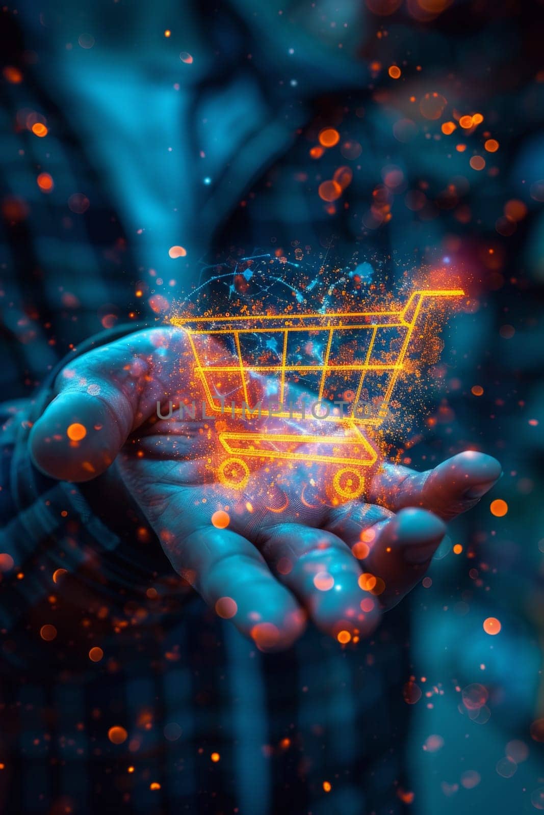A man's hand holding a hologram of a shopping cart, the concept of Internet technology, mobile online shopping by Lobachad