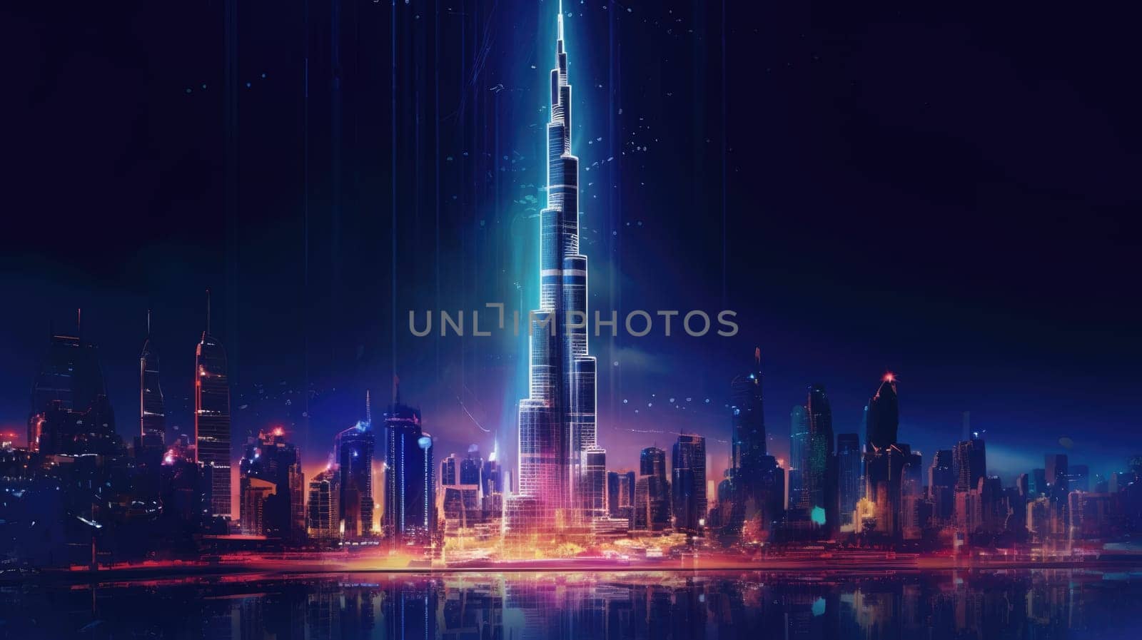 Stunning night view of Dubai downtown with Burj Khalifa, the worlds tallest building. Iconic UAE landmark for travel and tourism, showcasing the urban landscape on the shores of the Persian Gulf.
