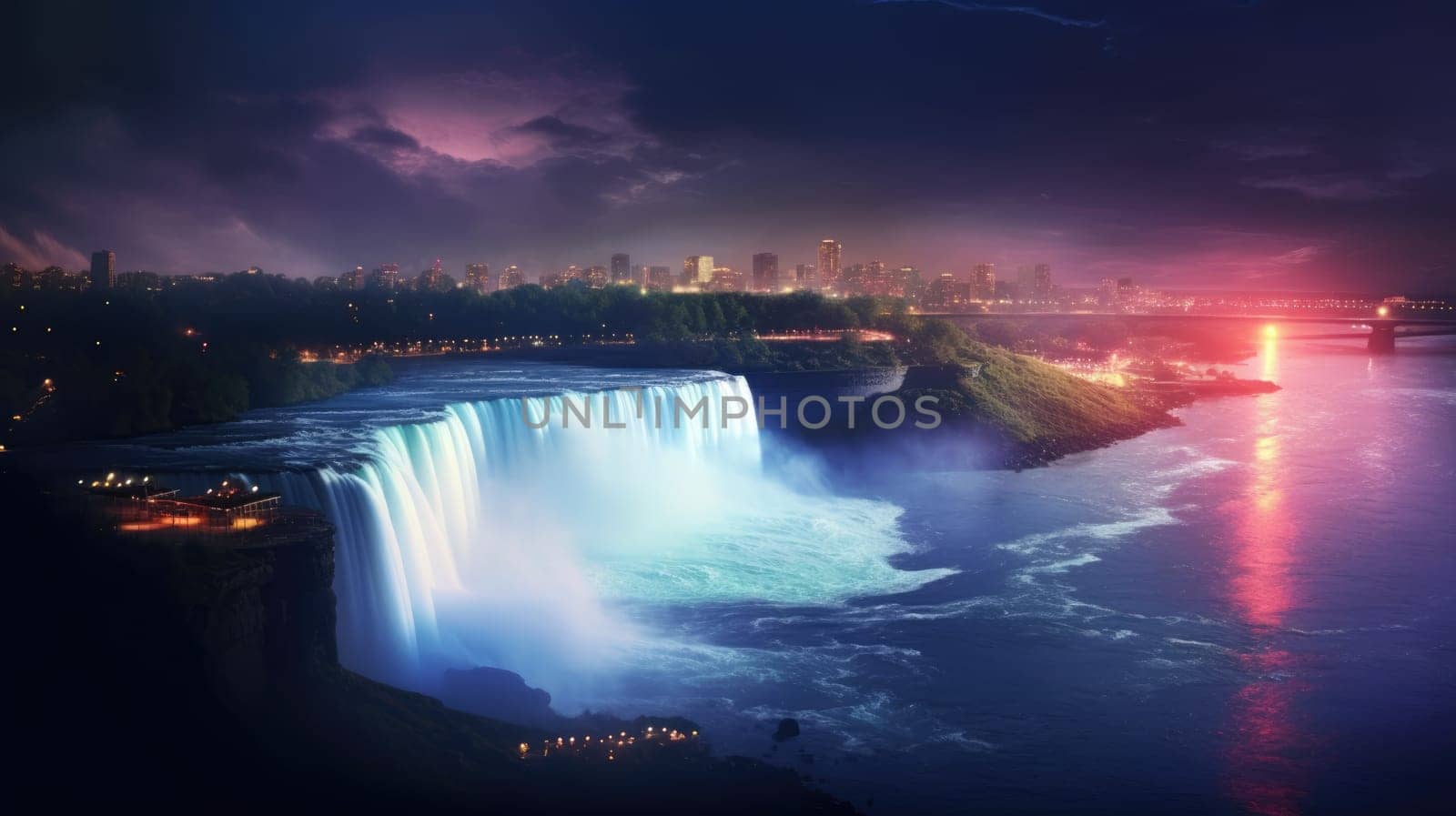 A stunning long exposure shot of Niagara Falls at night, glowing in blue, green, and pink hues. The falls cascade smoothly under a dark sky, with a softly lit bridge in the distance.