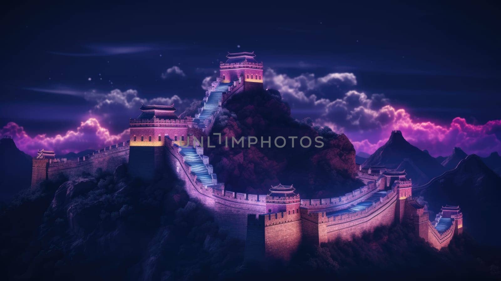 The great wall of China under a purple sky lit up in pink and purple neon lights at night by JuliaDorian
