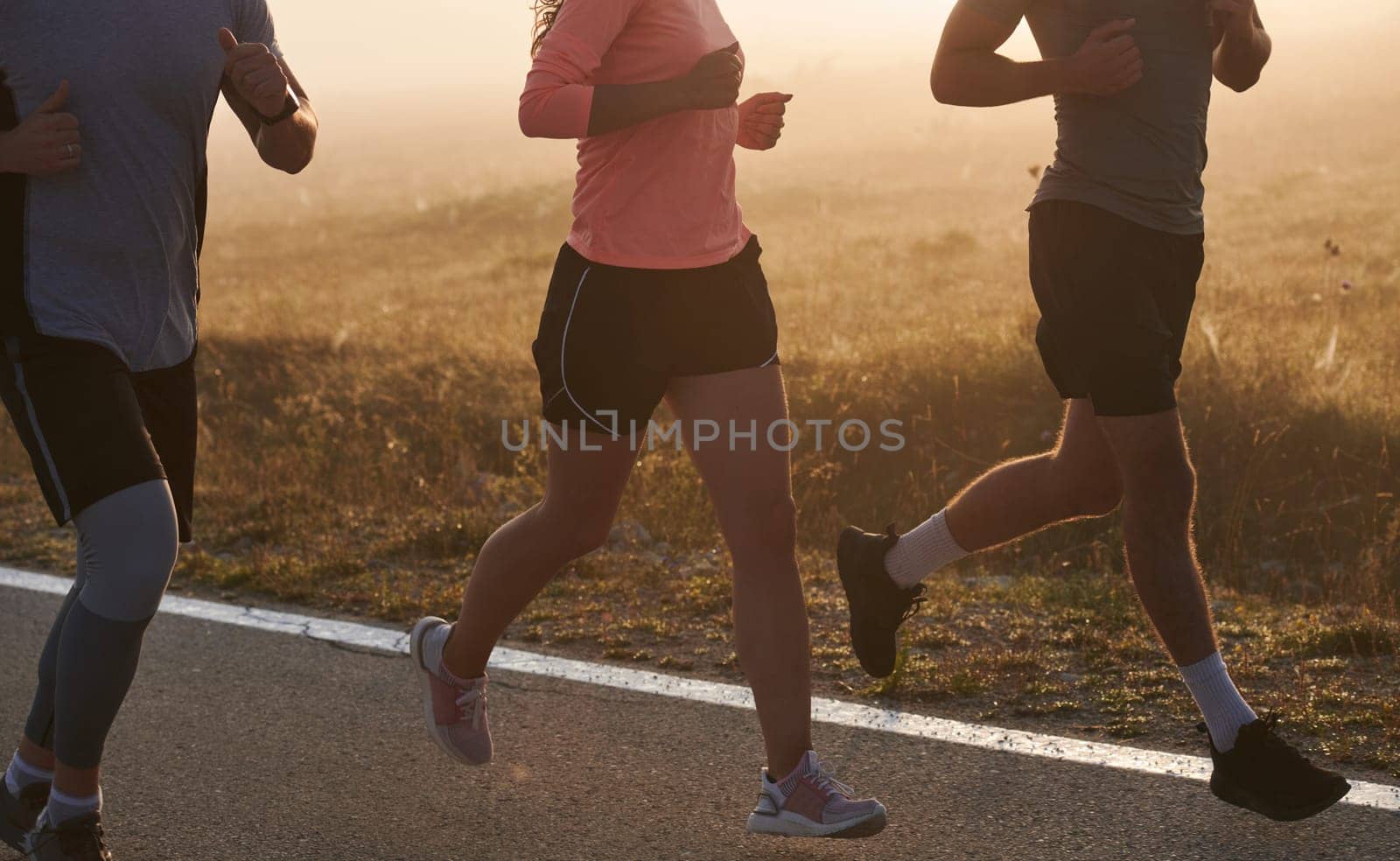 A group of friends, athletes, and joggers embrace the early morning hours as they run through the misty dawn, energized by the rising sun and surrounded by the tranquil beauty of nature.