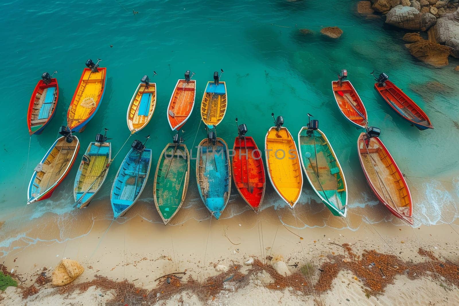 Colorful fishing boats on the Atlantic coast and turquoise water by Lobachad