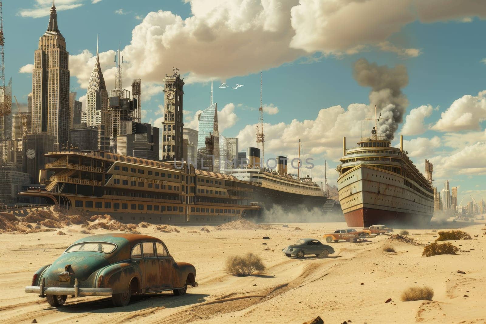 A picture of a desert landscape with tasks, cars and a ship. Illustration.