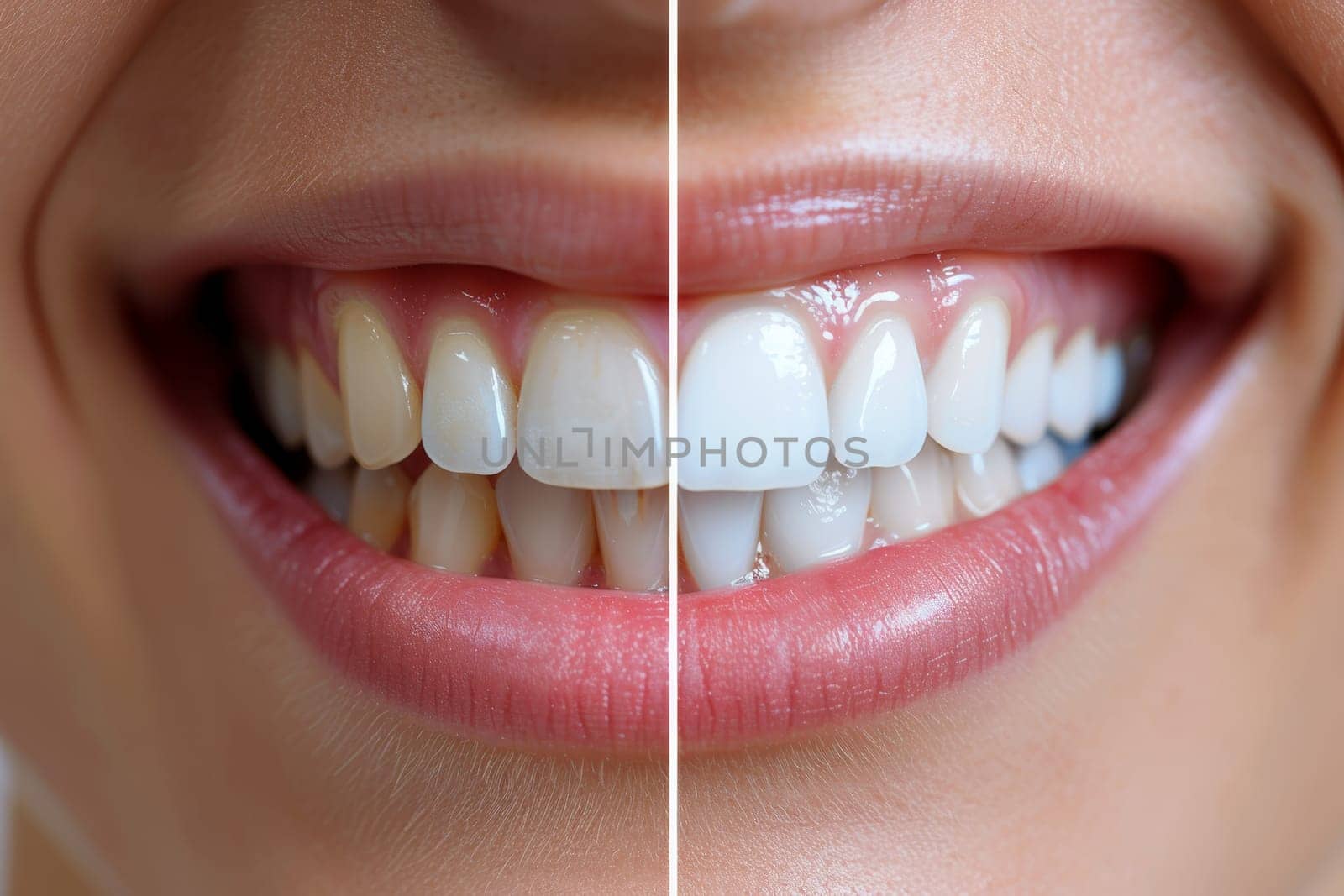 Beautiful wide smile of a young fresh woman with white healthy teeth by Lobachad