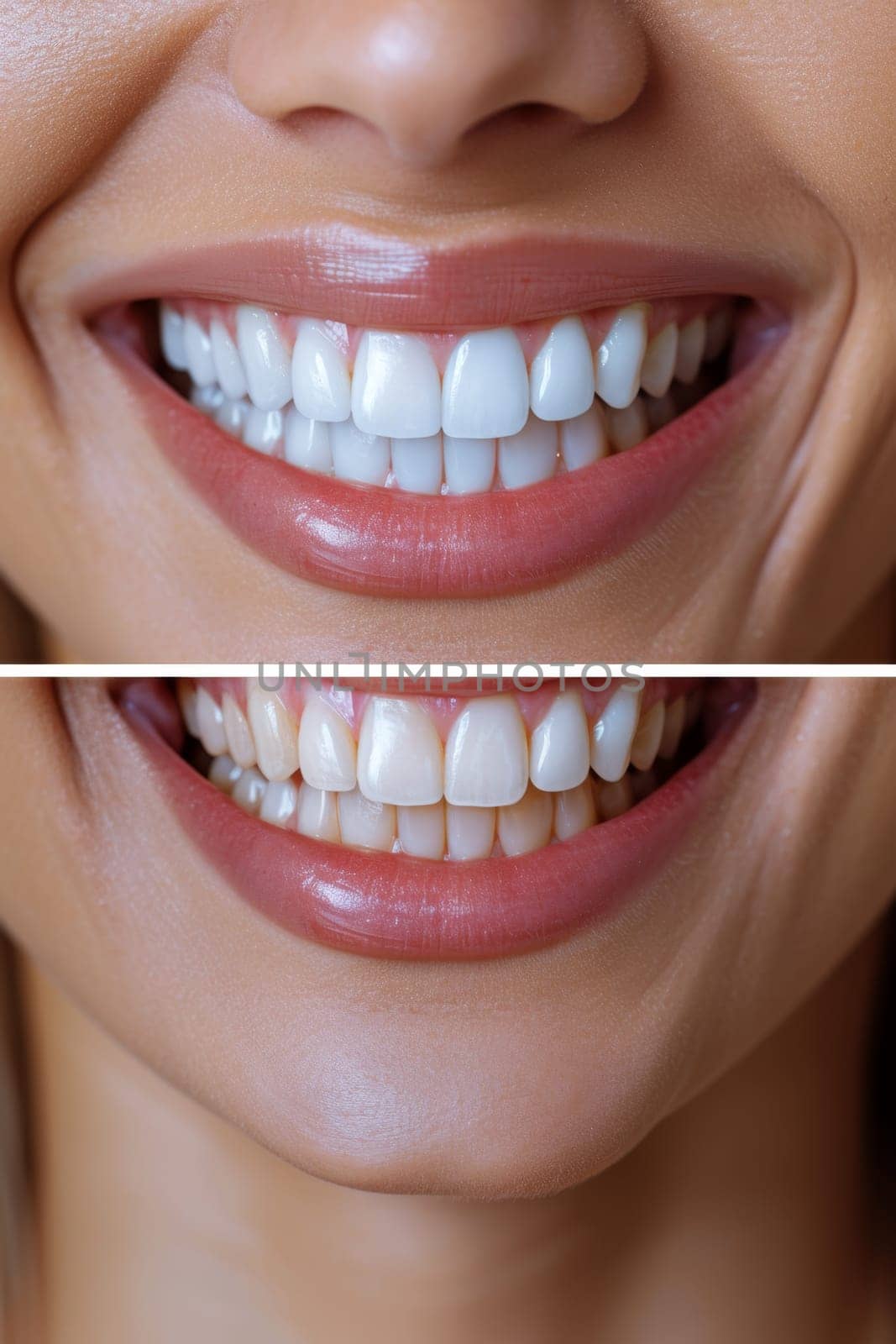 Beautiful wide smile of a young fresh woman with white healthy teeth by Lobachad