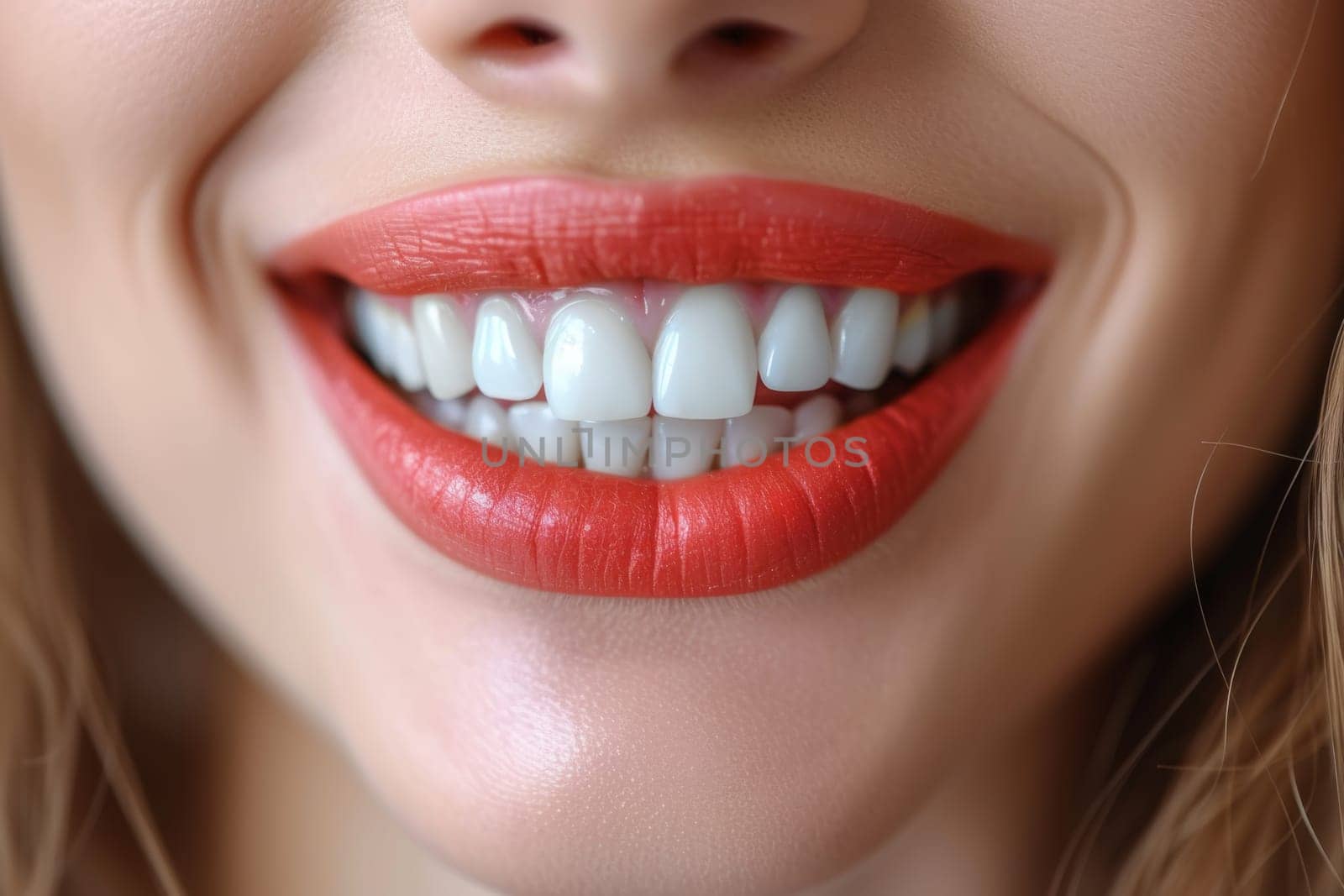 Beautiful wide smile of a young fresh woman with white healthy teeth by Lobachad