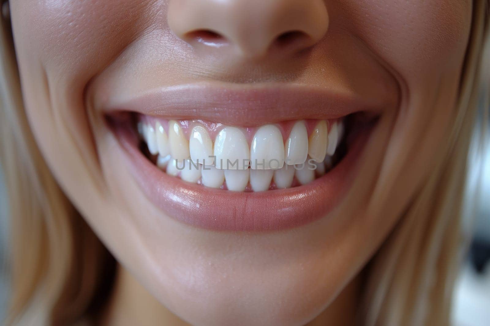 Beautiful wide smile of a young fresh woman with white healthy teeth.