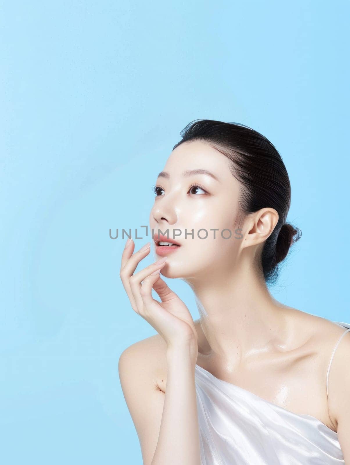 Beautiful young asian woman with clean fresh skin on bright background. Generative AI.