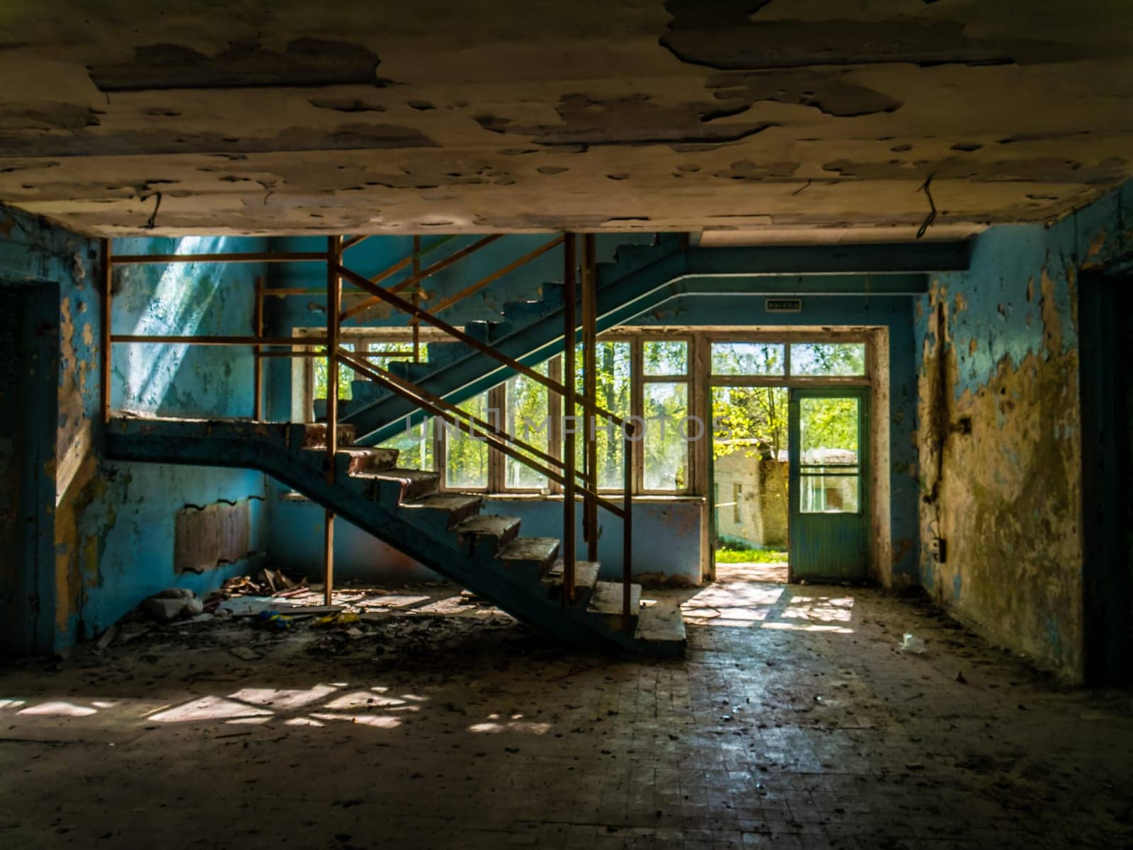 Old abandoned forgotten building, inside view. Former children's camp in Russia, Moscow region.