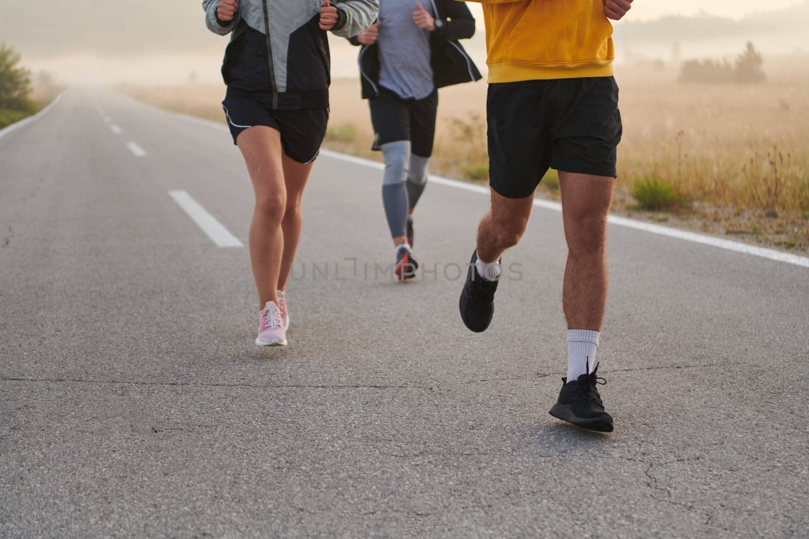 A group of friends, athletes, and joggers embrace the early morning hours as they run through the misty dawn, energized by the rising sun and surrounded by the tranquil beauty of nature by dotshock