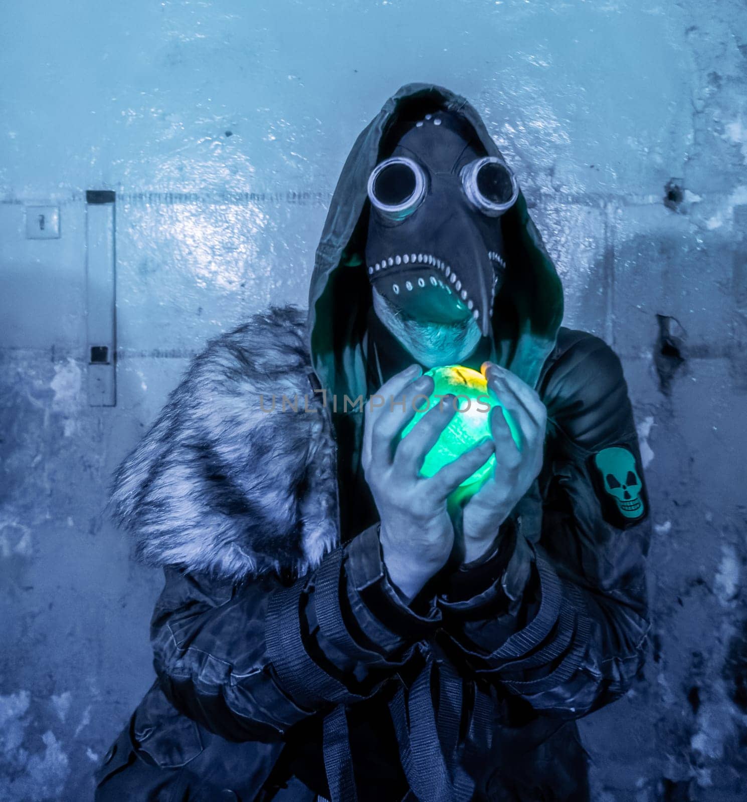 Cosplay of a stalker in a plague doctor mask holding a mysterious luminous artifact. art photo by lempro