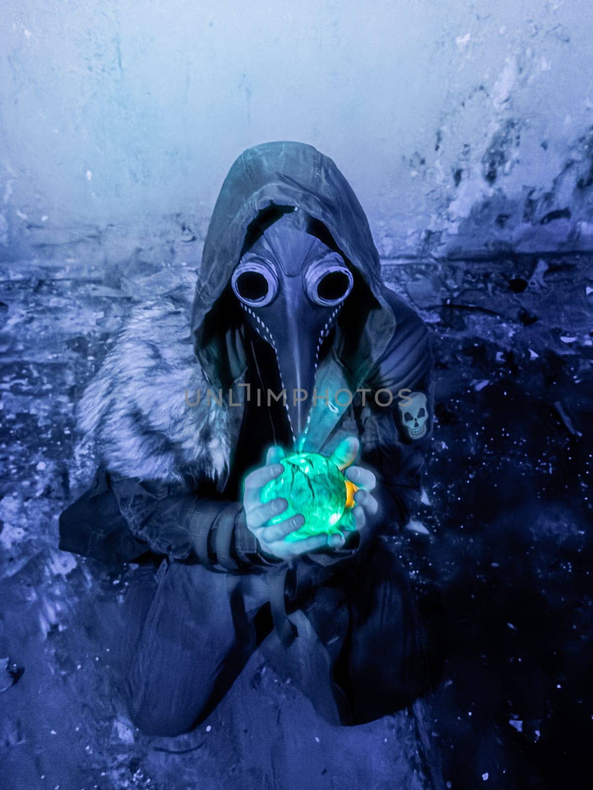 Cosplay of a stalker in a plague doctor mask holding a mysterious luminous artifact. art photo by lempro