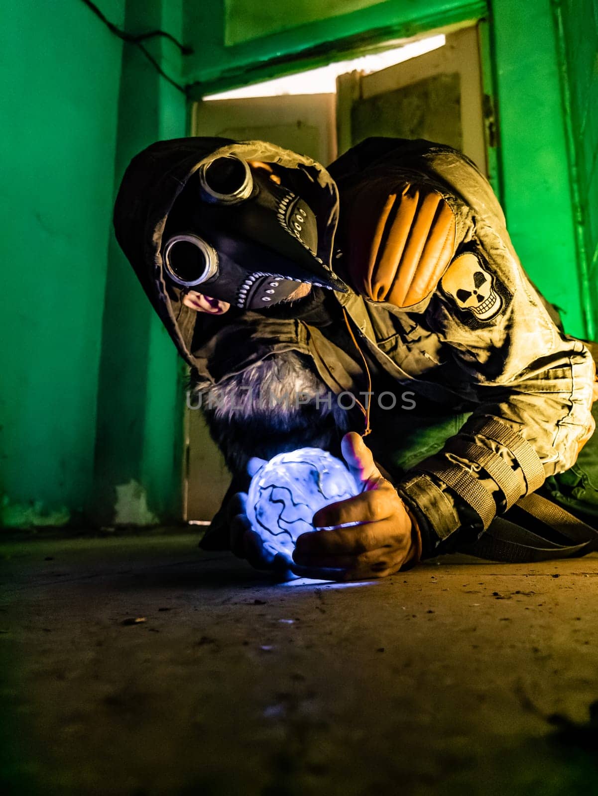 Cosplay of a stalker lying on the floor of an abandoned house in a plague doctor mask and holding a mysterious artifact. art photography by lempro