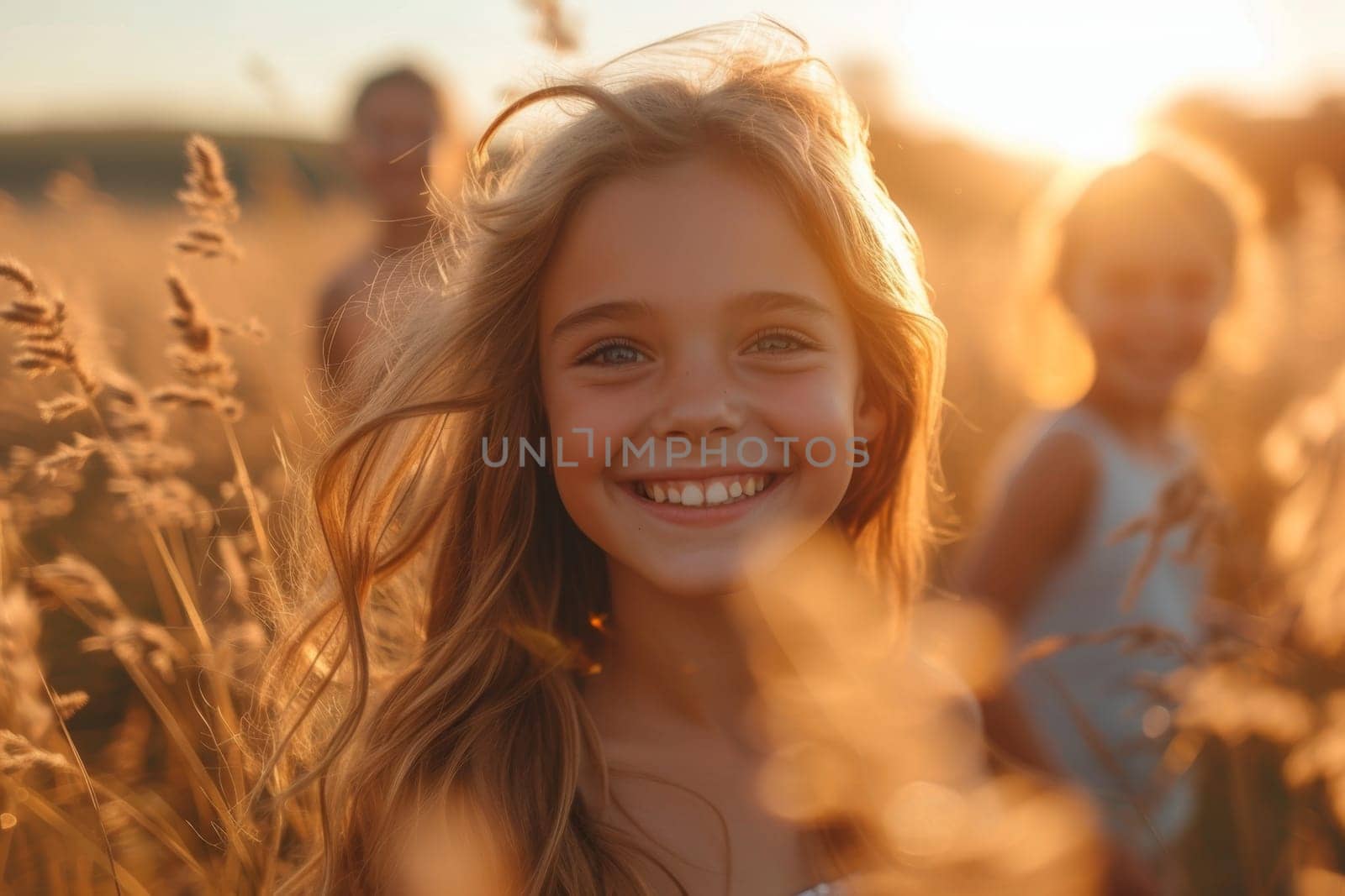 A happy family in a field at sunset.